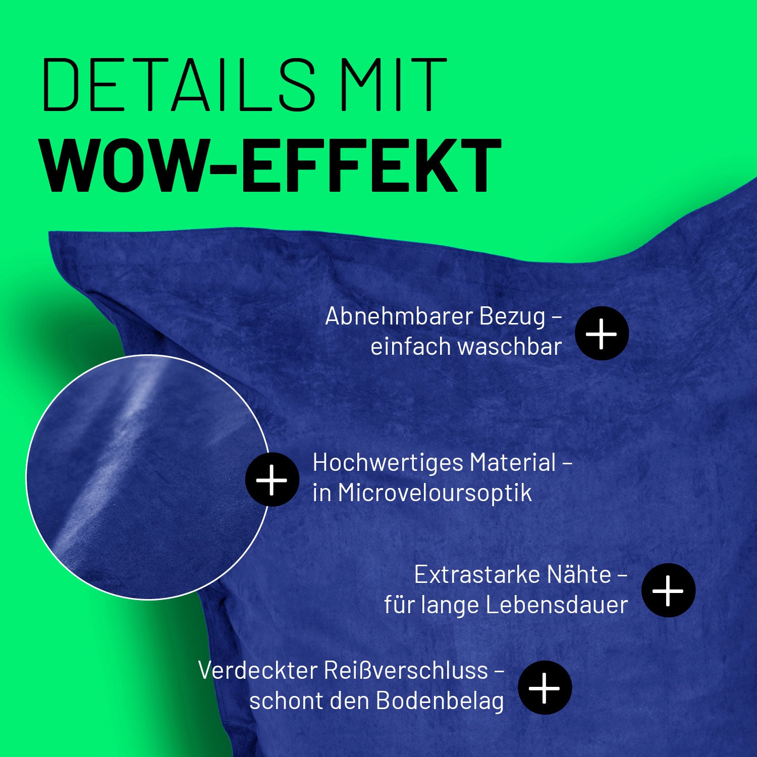 Blauer Sitzsack im Microvelours-Look auf grünem Hintergrund mit Text zu abnehmbarem Bezug, verdecktem Reißverschluss und hochwertigen, robusten Nähten.