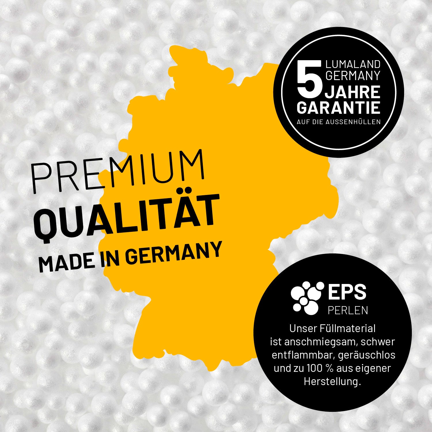 Umrisse der Deutschland-Karte mit Hinweis auf die EPS-Perlen und LUMALAND Germany 5 Jahre Garantie auf die Aussenhülle.