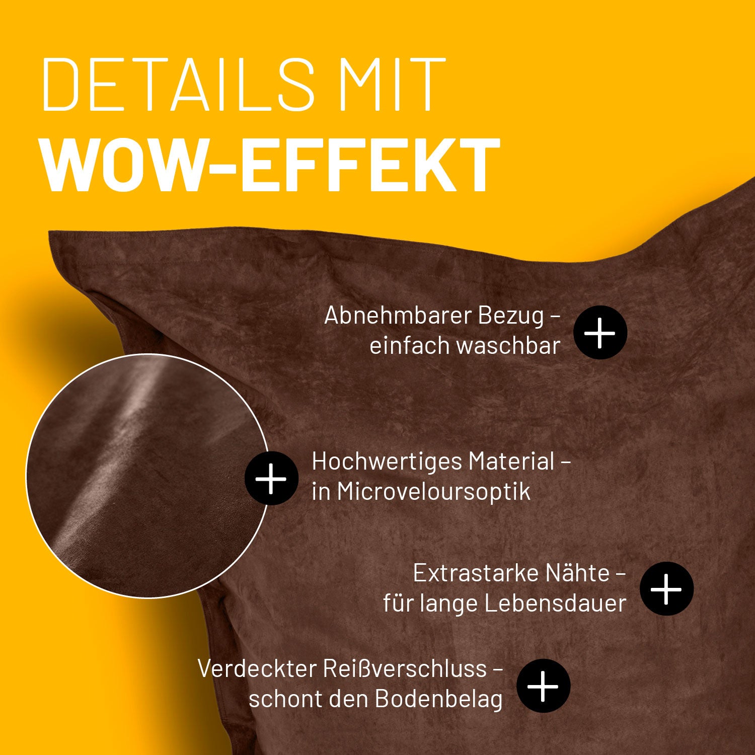 Brauner Sitzsack im Microvelours-Look auf gelbem Hintergrund mit Text zu abnehmbarem Bezug, verdecktem Reißverschluss und hochwertigen, robusten Nähten.