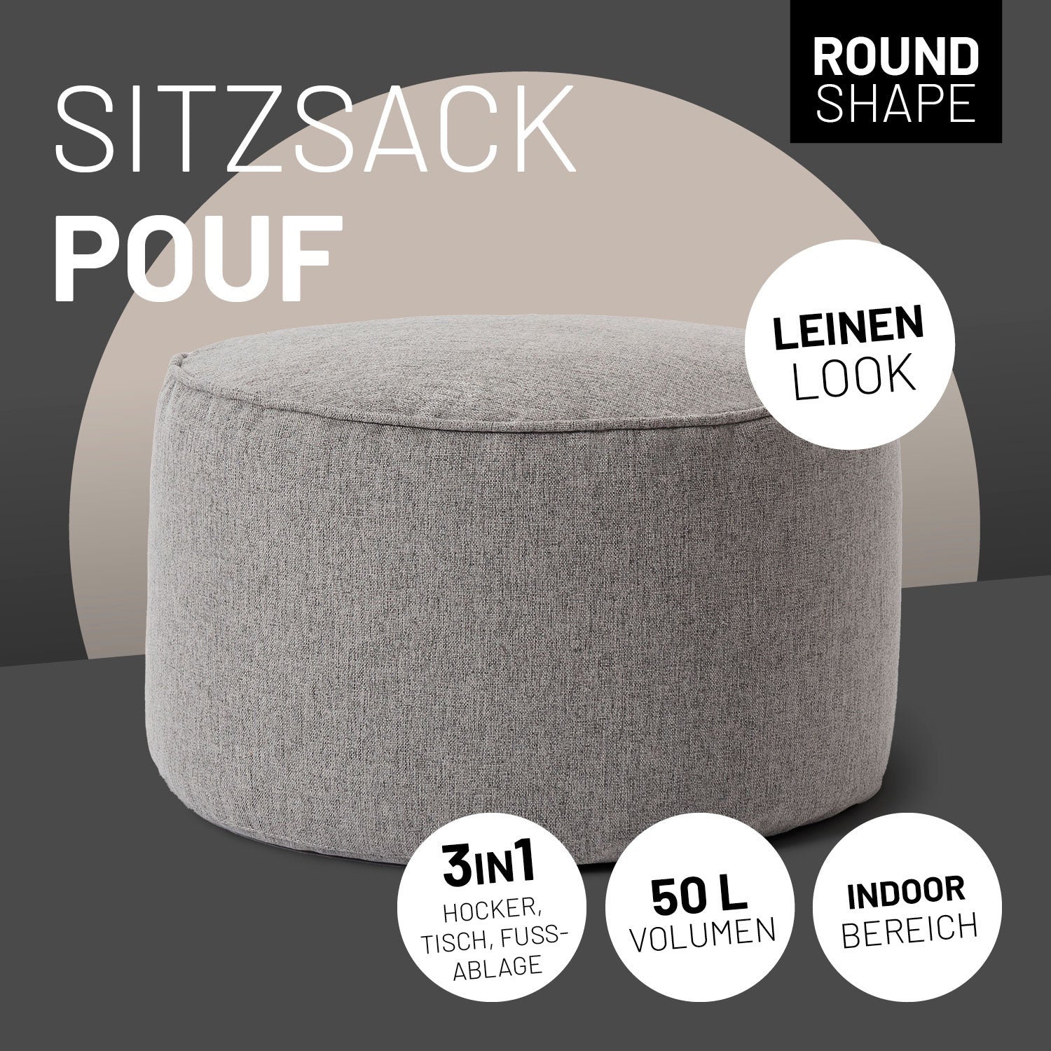 Runder Sitzsack-Pouf im Leinenlook in Hellgrau. Icons "3-in-1 Design – Hocker, Tisch und Fußablage", "50 L Volumen" und "Indoor Bereich".