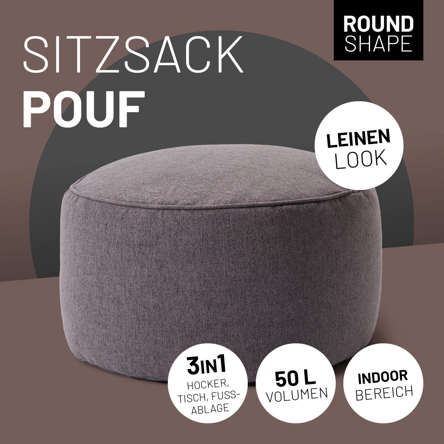Runder Sitzsack-Pouf im Leinenlook in Dunkelgrau. Icons "3-in-1 Design – Hocker, Tisch und Fußablage", "50 L Volumen" und "Indoor Bereich".