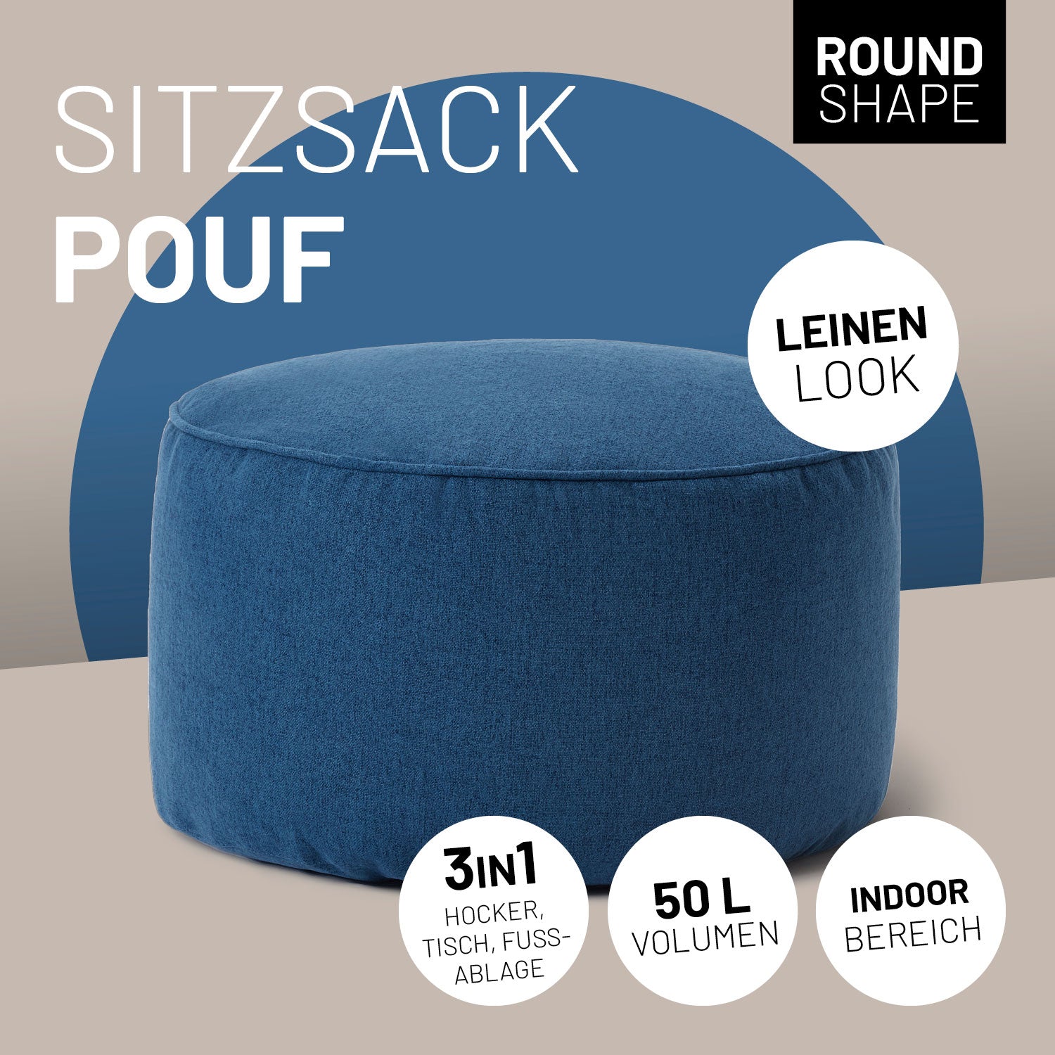 Runder Sitzsack-Pouf im Leinenlook in Navyblau. Icons "3-in-1 Design – Hocker, Tisch und Fußablage", "50 L Volumen" und "Indoor Bereich".