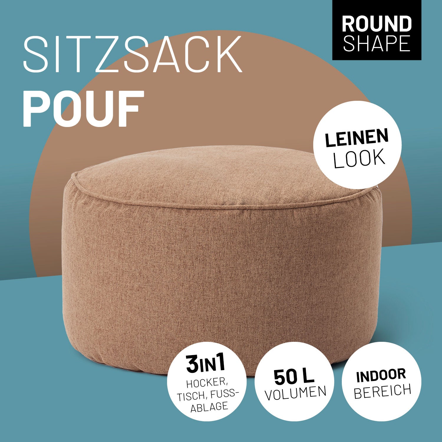 Runder Sitzsack-Pouf im Leinenlook in Braun. Icons "3-in-1 Design – Hocker, Tisch und Fußablage", "50 L Volumen" und "Indoor Bereich".