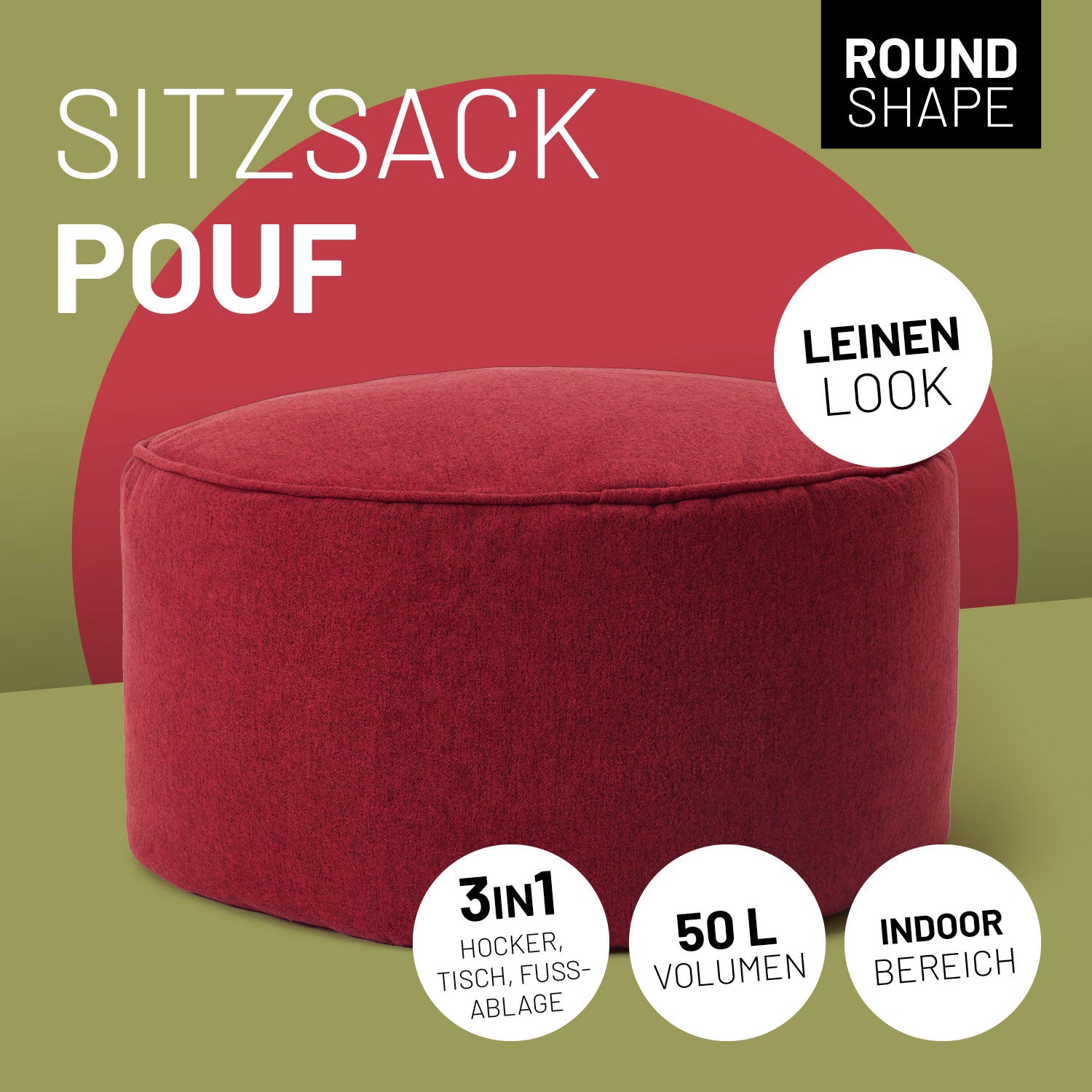 Runder Sitzsack-Pouf im Leinenlook in Rot. Icons "3-in-1 Design – Hocker, Tisch und Fußablage", "50 L Volumen" und "Indoor Bereich".