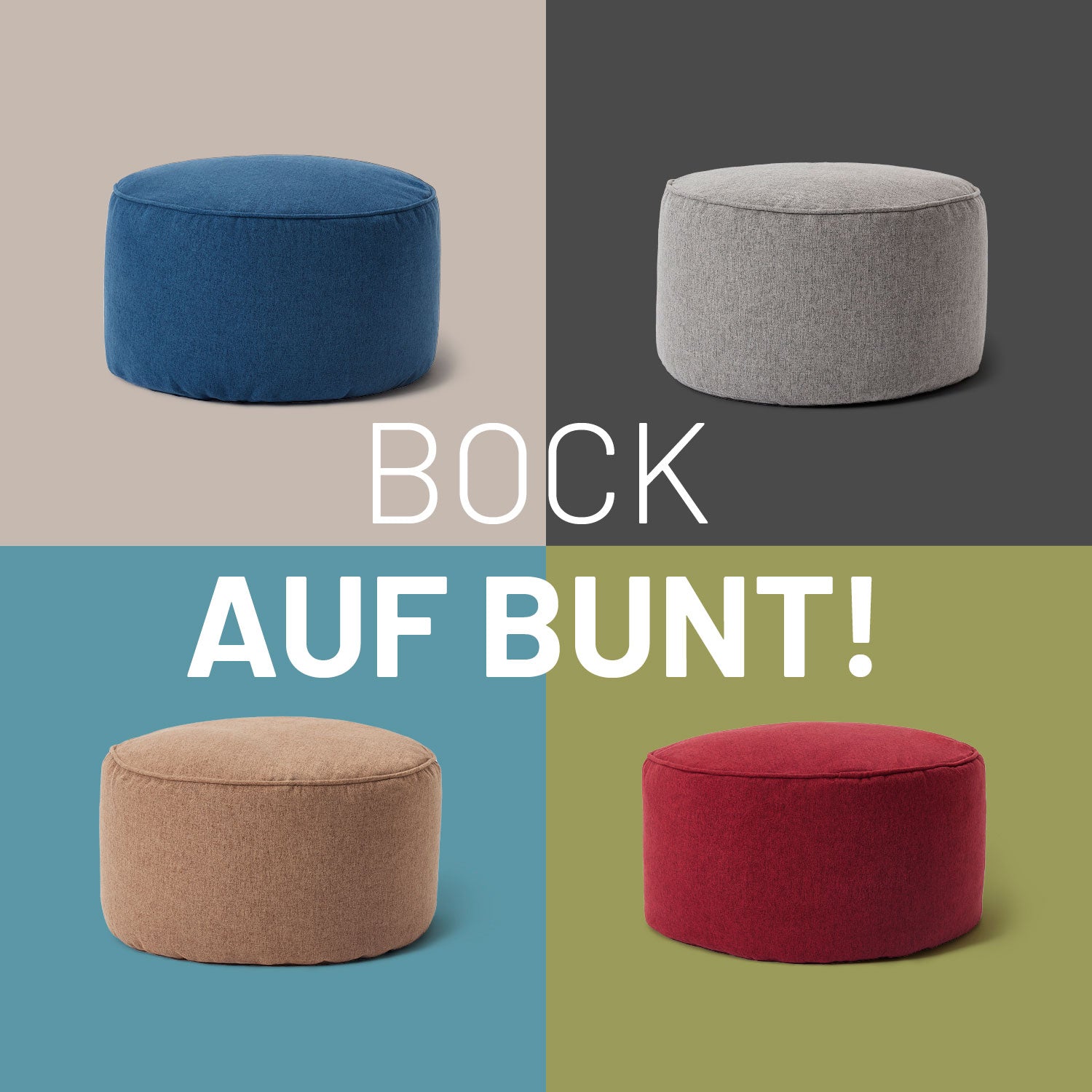 Vier verschiedene Farben des LUMALAND Comfort Line Hockers vor Kontrastfarben in Kacheln - Bock auf Bunt!