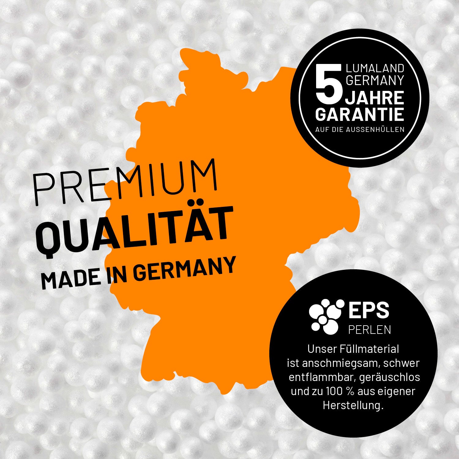 Umrisse der Deutschland-Karte mit Hinweis auf die EPS-Perlen und LUMALAND Germany 5 Jahre Garantie auf die Aussenhülle.