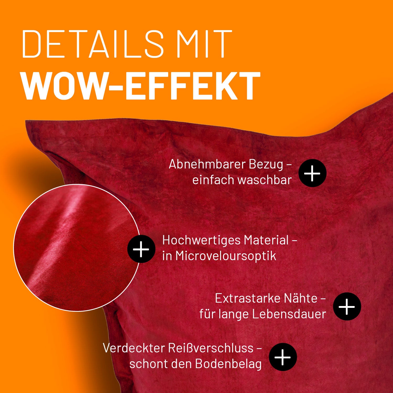 Roter Sitzsack im Microvelours-Look auf orangenen Hintergrund mit Text zu abnehmbarem Bezug, verdecktem Reißverschluss und hochwertigen, robusten Nähten.
