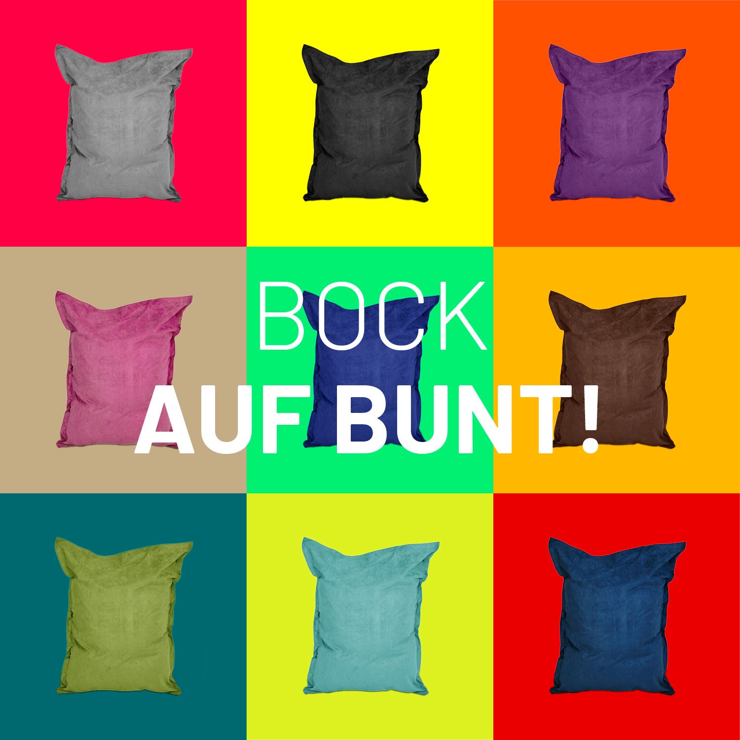 Neun verschiedene Farben des LUMALAND XXL Sitzsack Microvelours vor Kontrastfarben in Kacheln - Bock auf Bunt!