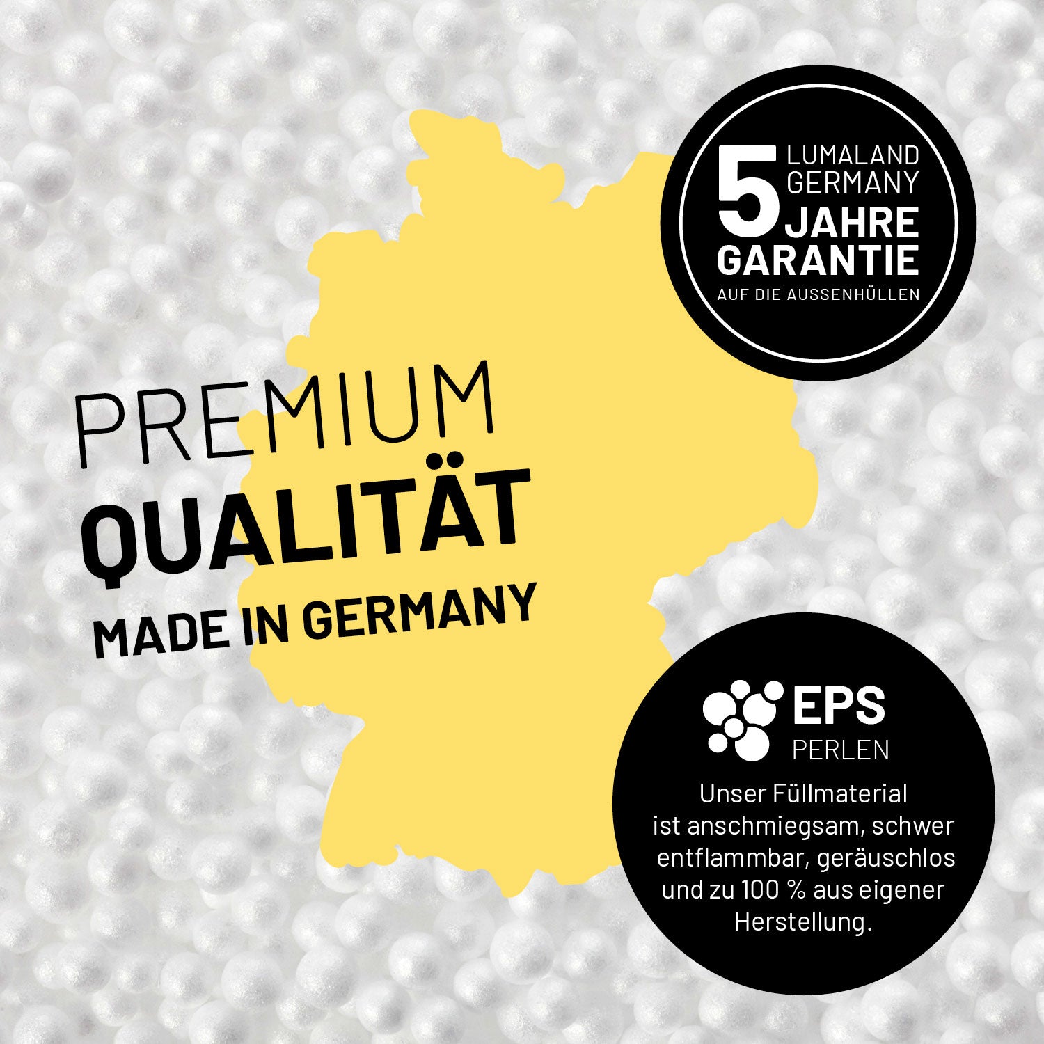 Umrisse der Deutschland-Karte mit Hinweis auf die EPS-Perlen und LUMALAND Germany 5 Jahre Garantie auf die Aussenhülle.