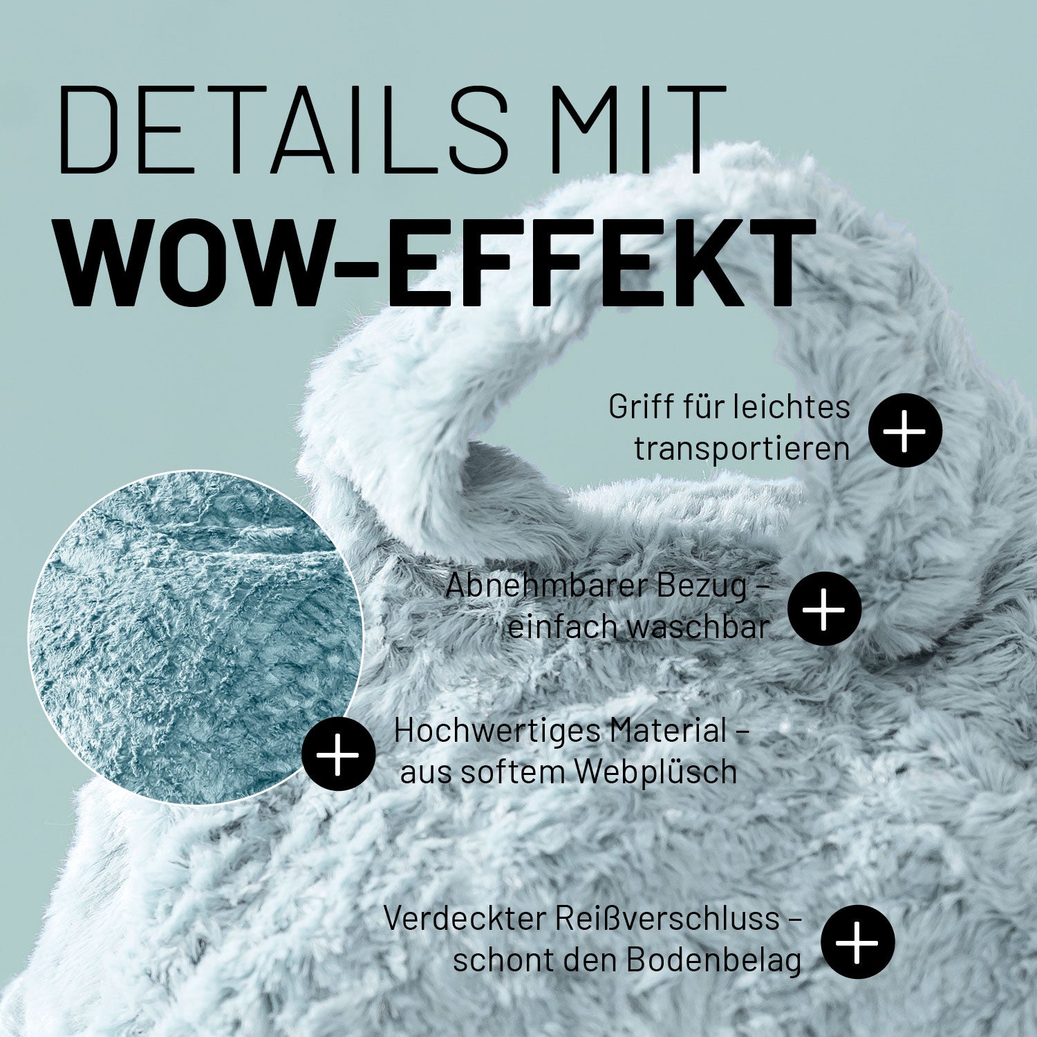 Sitzsack im Detail mit Informationen zum "Griff", "waschbaren Bezug", "Hochwertigen Material" und "Verdeckter Reißverschluss".