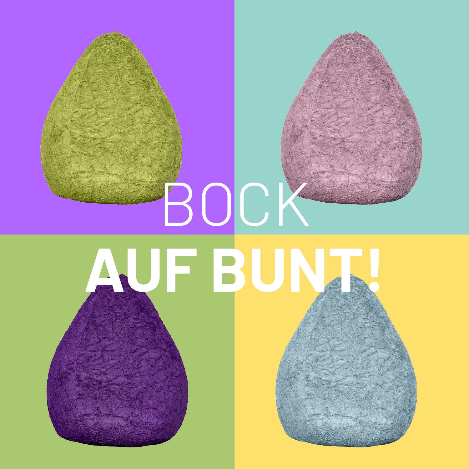 LUMALAND Fluffy Kinder-Sitzsäcke in Grün, Pastellpink, Lila und Pastellblau vor Kontrastfarben - Bock auf Bunt!?