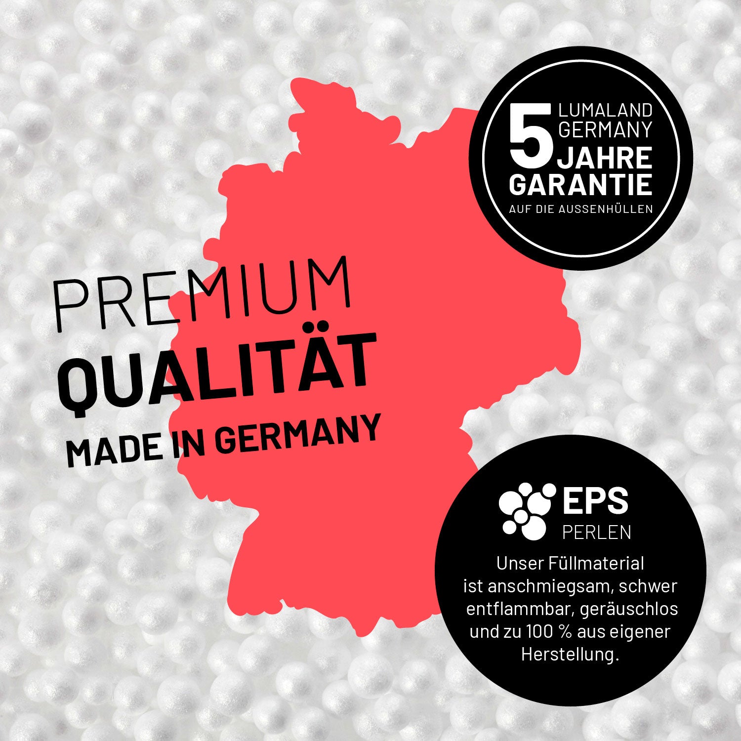 Umrisse der Deutschland-Karte mit Hinweis auf die EPS-Perlen und LUMALAND Germany 5 Jahre Garantie auf die Aussenhülle.