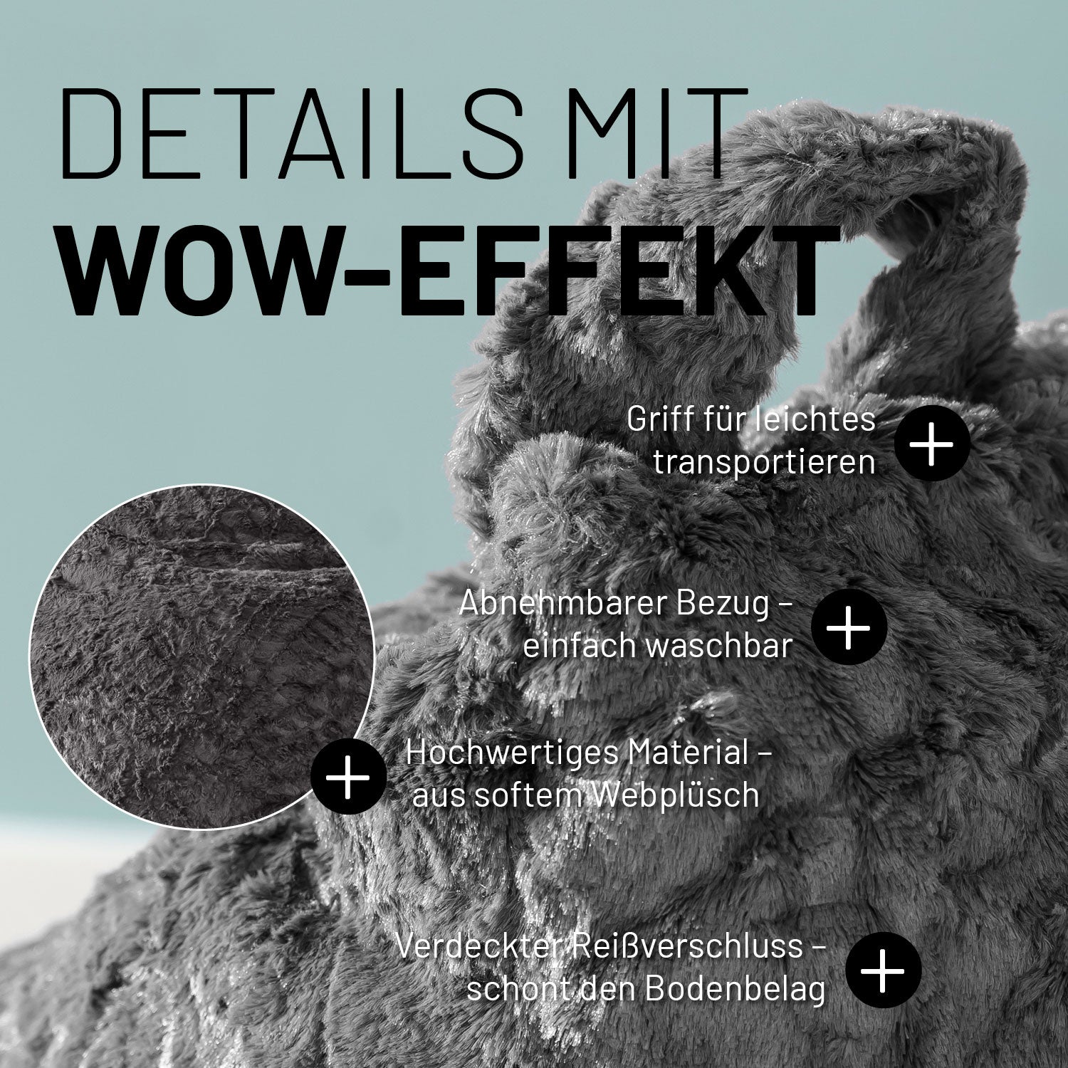 Sitzsack im Detail mit Informationen zum "Griff", "waschbaren Bezug", "Hochwertigen Material" und "Verdeckter Reißverschluss".