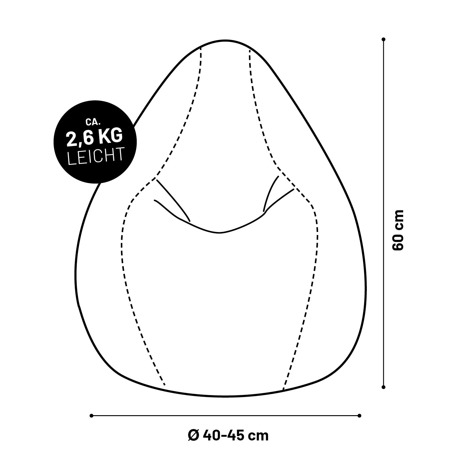 Illustration des LUMALAND Fluffy Sitzsackes für Kinder mit Maßangaben (⌀ 40-45 - 60 cm) und Gewichtsangabe (2,6 kg).