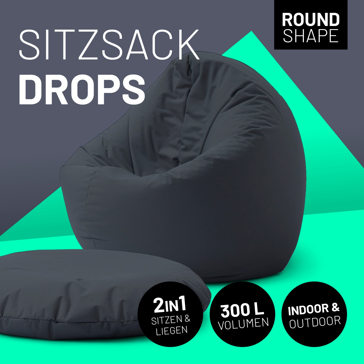2-in-1-Sitzsack in Stahlgrau mit Icon "Round Shape", "2in1 - Sitzen & Liegen", "300 L Volumen" und "Indoor & Outdoor".