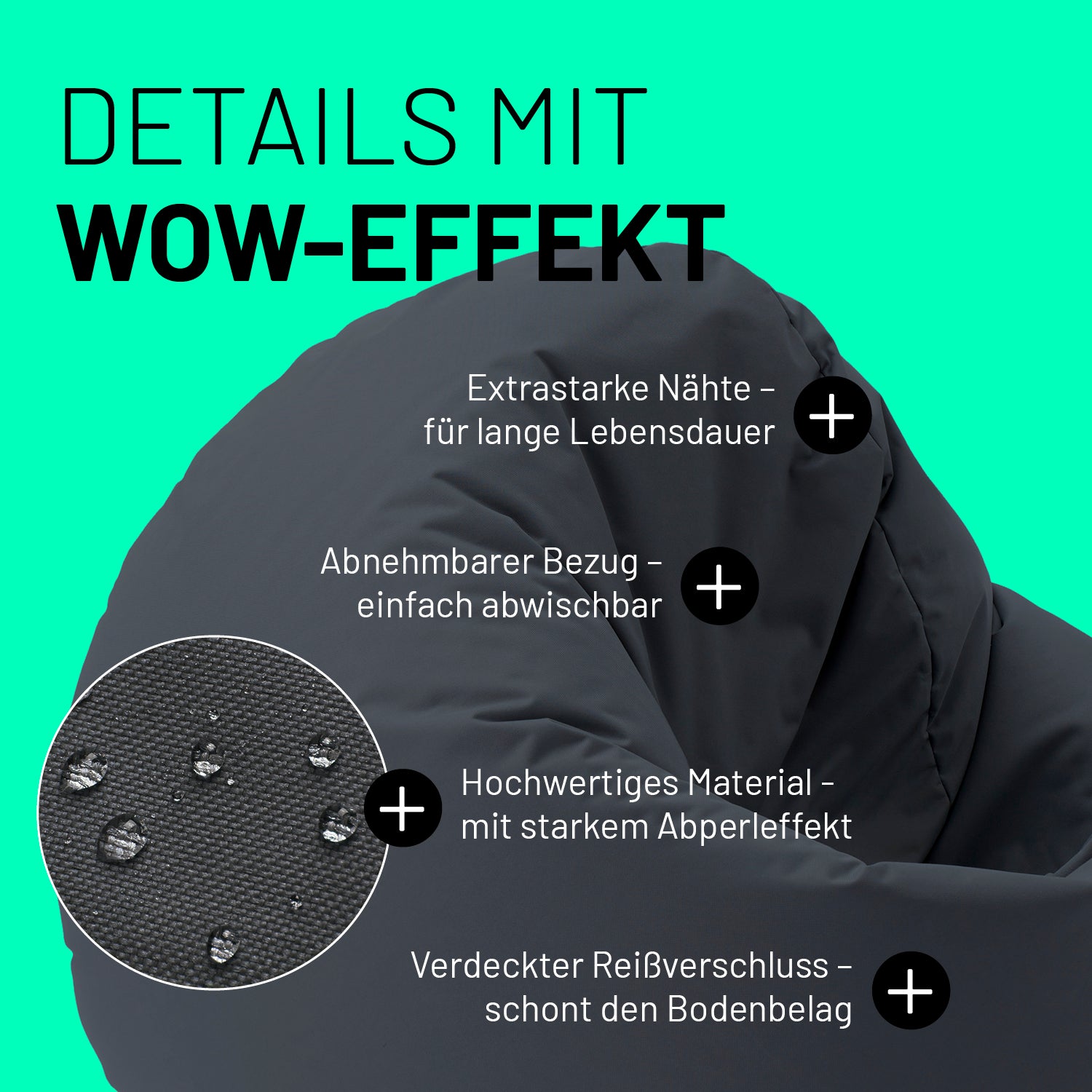Stahlgrauer Sitzsack im Detail mit Informationen zu "Abwischbarer Bezug", "Verdeckter Reißverschluss" und "Extrastarke Nähte".
