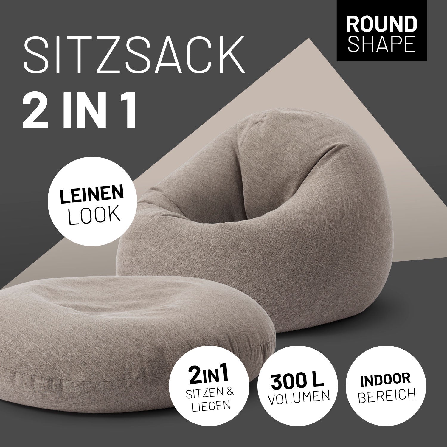 LUMALAND Sitzsack 2 in 1 im Leinenlook in Hellgrau, einer rund zum Sitzen und einer flach zum Liegen. Icons "2in1 Sitzen & Liegen", "300 L Volumen" und "Indoor Bereich".