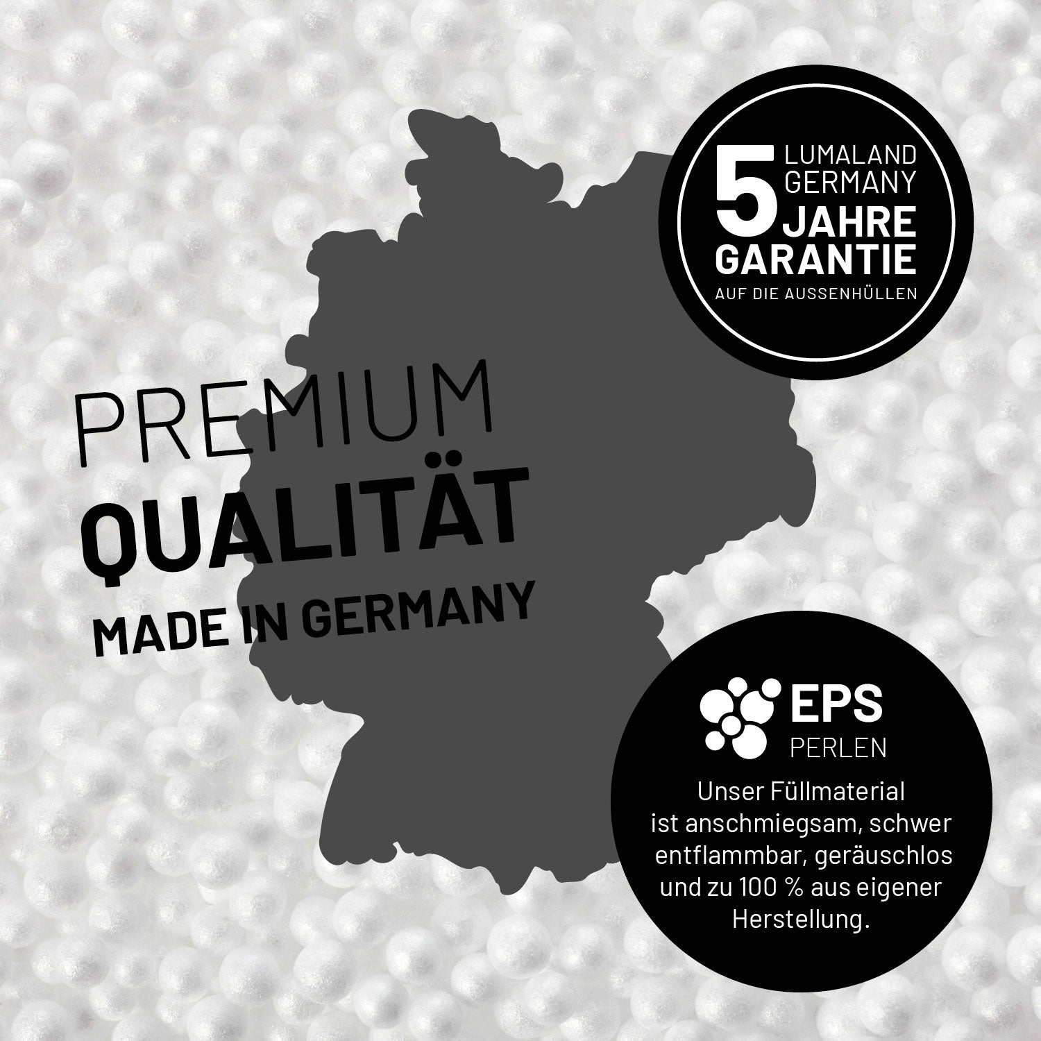 Umrisse der Deutschland-Karte mit Hinweis auf die EPS-Perlen und LUMALAND Germany 5 Jahre Garantie auf die Aussenhülle.