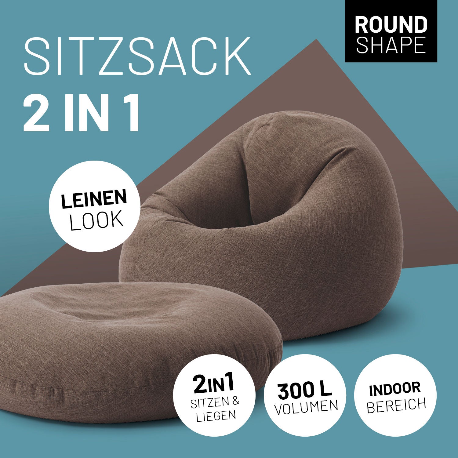 LUMALAND Sitzsack 2 in 1 im Leinenlook in Braun, einer rund zum Sitzen und einer flach zum Liegen. Icons "2in1 Sitzen & Liegen", "300 L Volumen" und "Indoor Bereich".