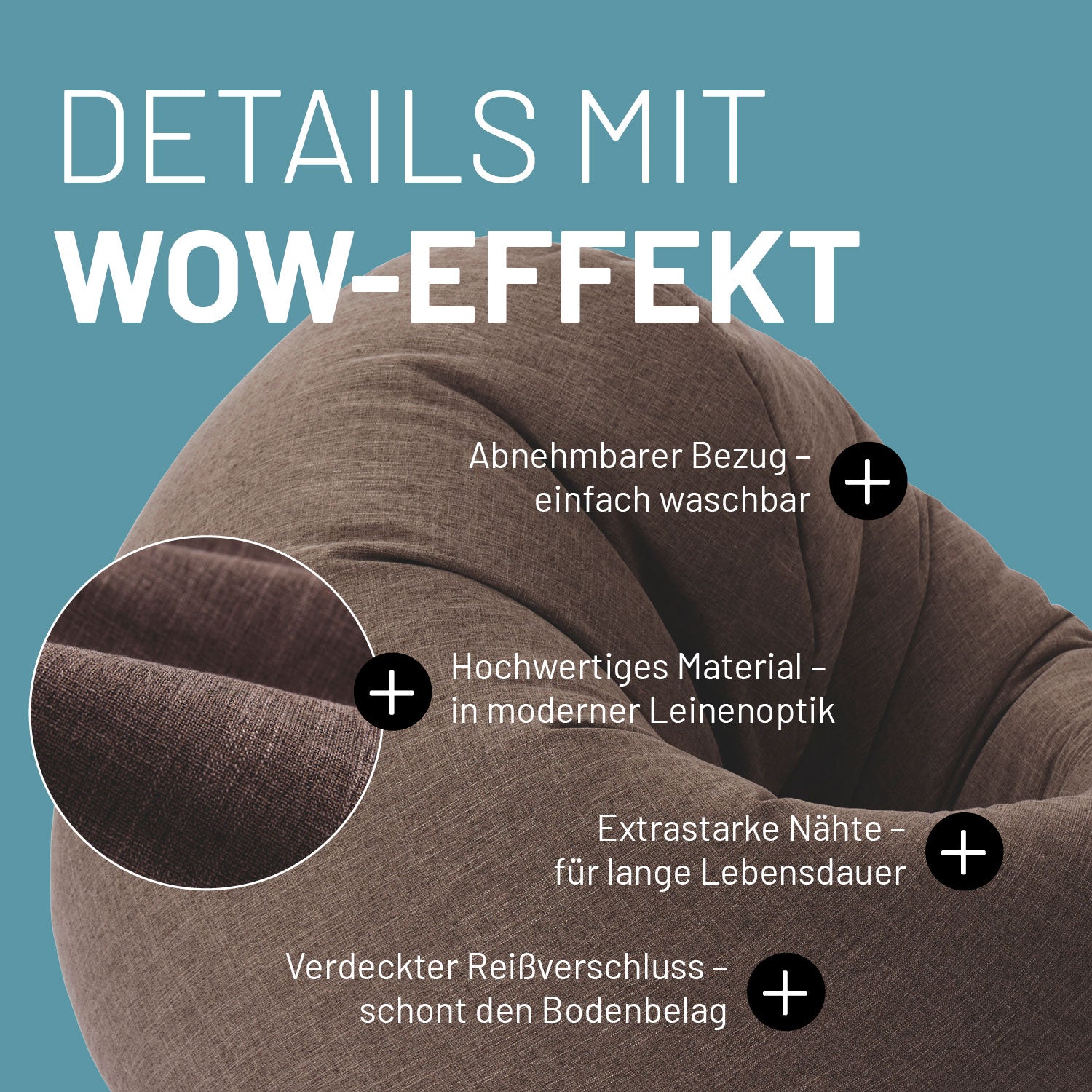 Nahaufnahme des 2in1 Sitzsacks in Braun. "Abnehmbarer Bezug", "Hochwertiges Material in Leinenoptik", "Extrastarke Nähte" und "Verdeckter Reißverschluss".