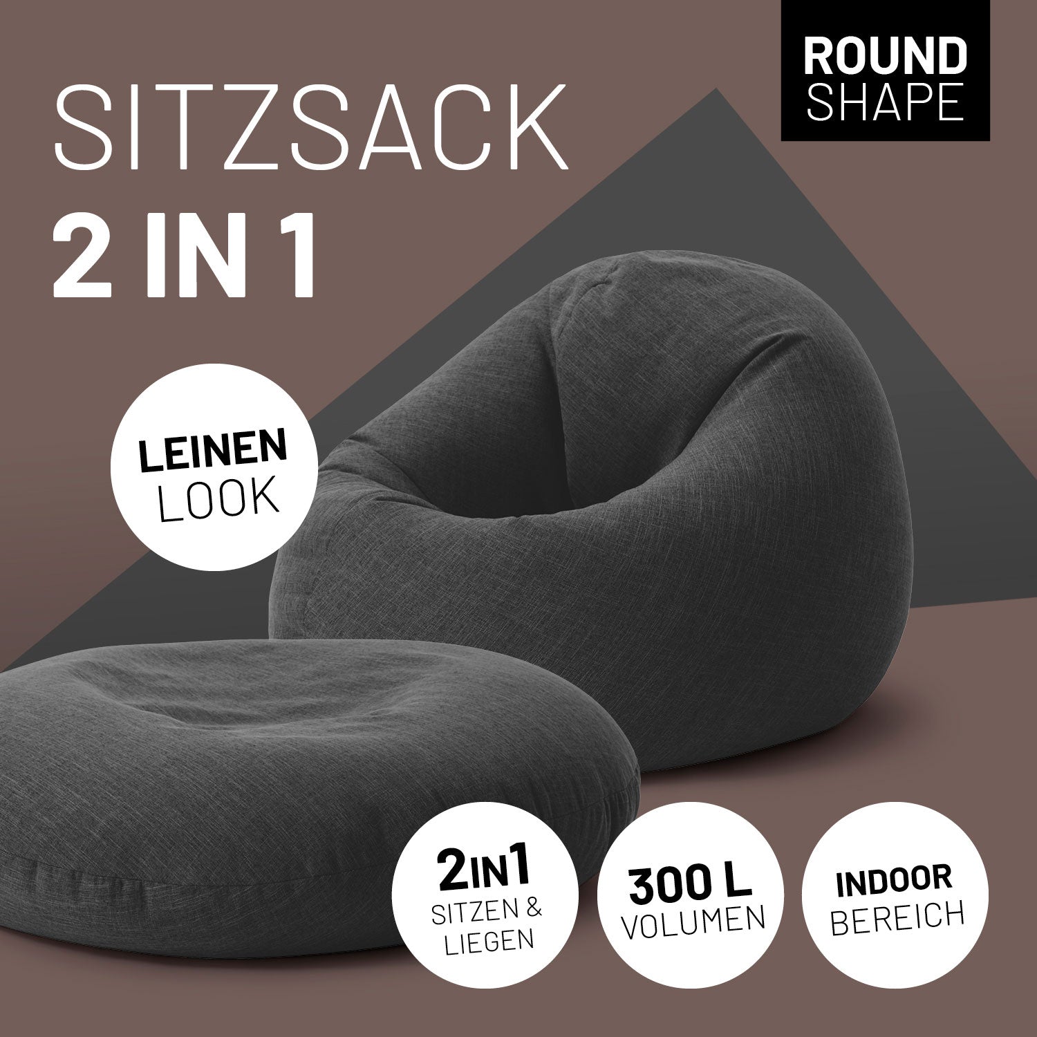 LUMALAND Sitzsack 2 in 1 im Leinenlook in Dunkelgrau, einer rund zum Sitzen und einer flach zum Liegen. Icons "2in1 Sitzen & Liegen", "300 L Volumen" und "Indoor Bereich".