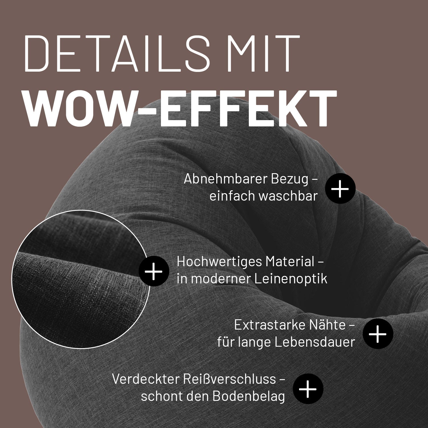 Nahaufnahme des 2in1 Sitzsacks in Dunkelgrau. "Abnehmbarer Bezug", "Hochwertiges Material in Leinenoptik", "Extrastarke Nähte" und "Verdeckter Reißverschluss".