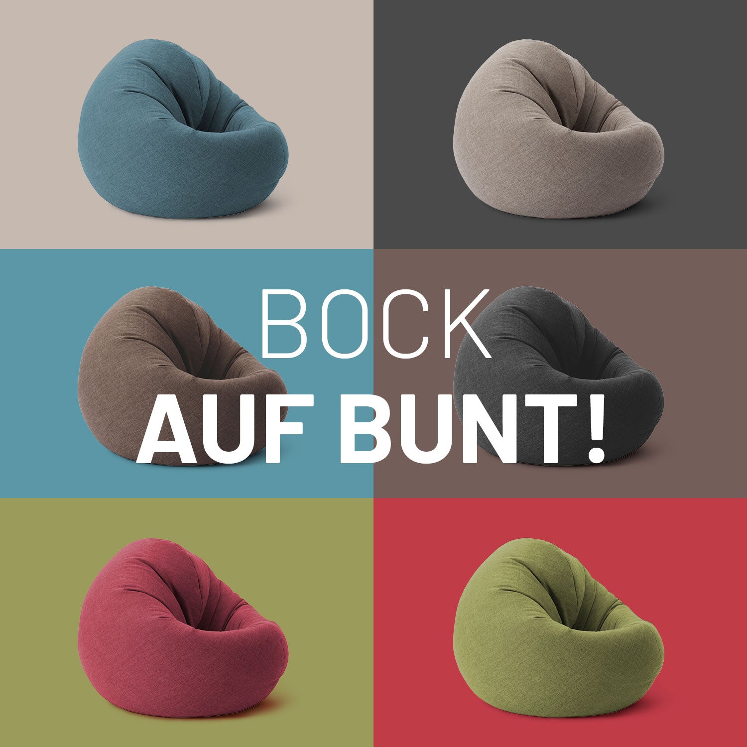 Sechs verschiedene Farben des LUMALAND 2-in-1 Sitzsack vor Kontrastfarben in Kacheln - Bock auf Bunt!