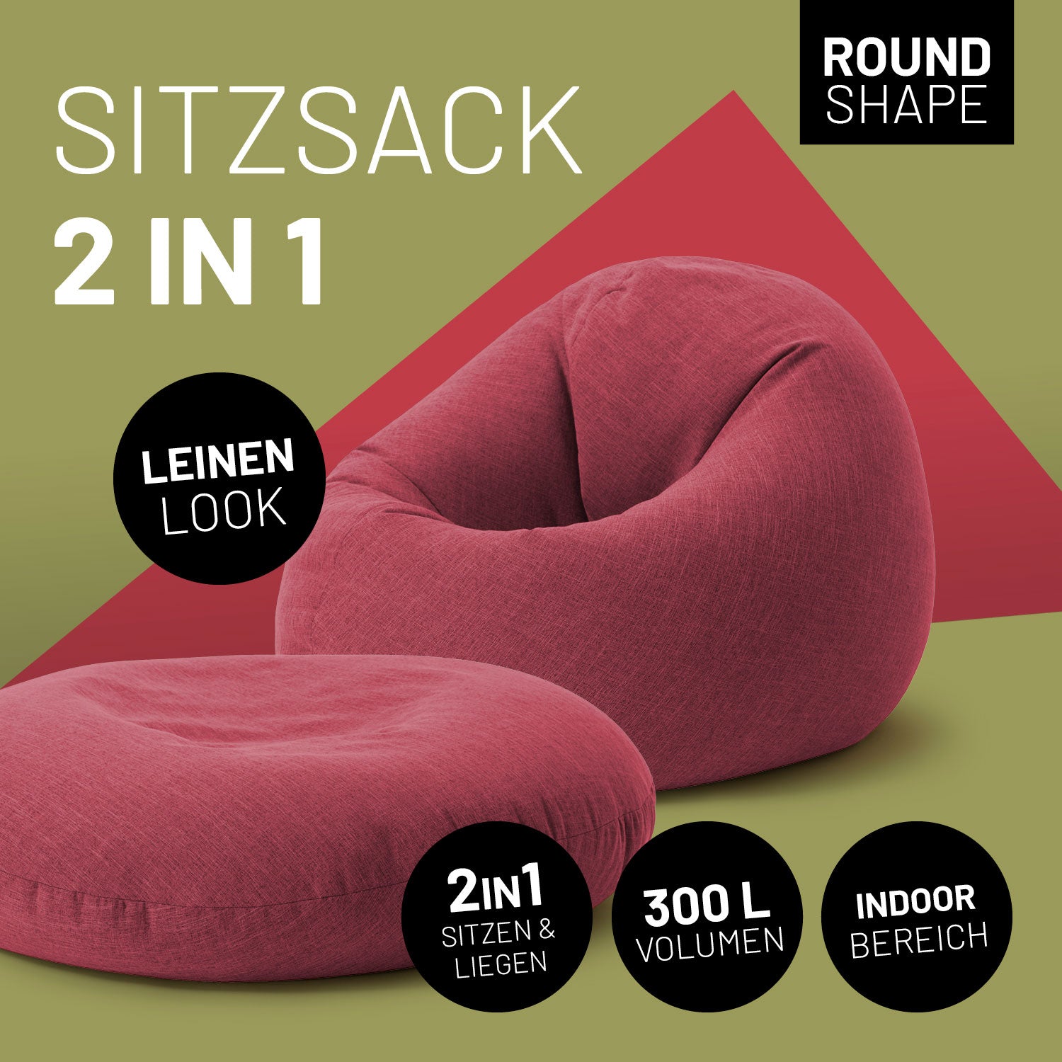 LUMALAND Sitzsack 2 in 1 im Leinenlook in Rot, einer rund zum Sitzen und einer flach zum Liegen. Icons "2in1 Sitzen & Liegen", "300 L Volumen" und "Indoor Bereich".