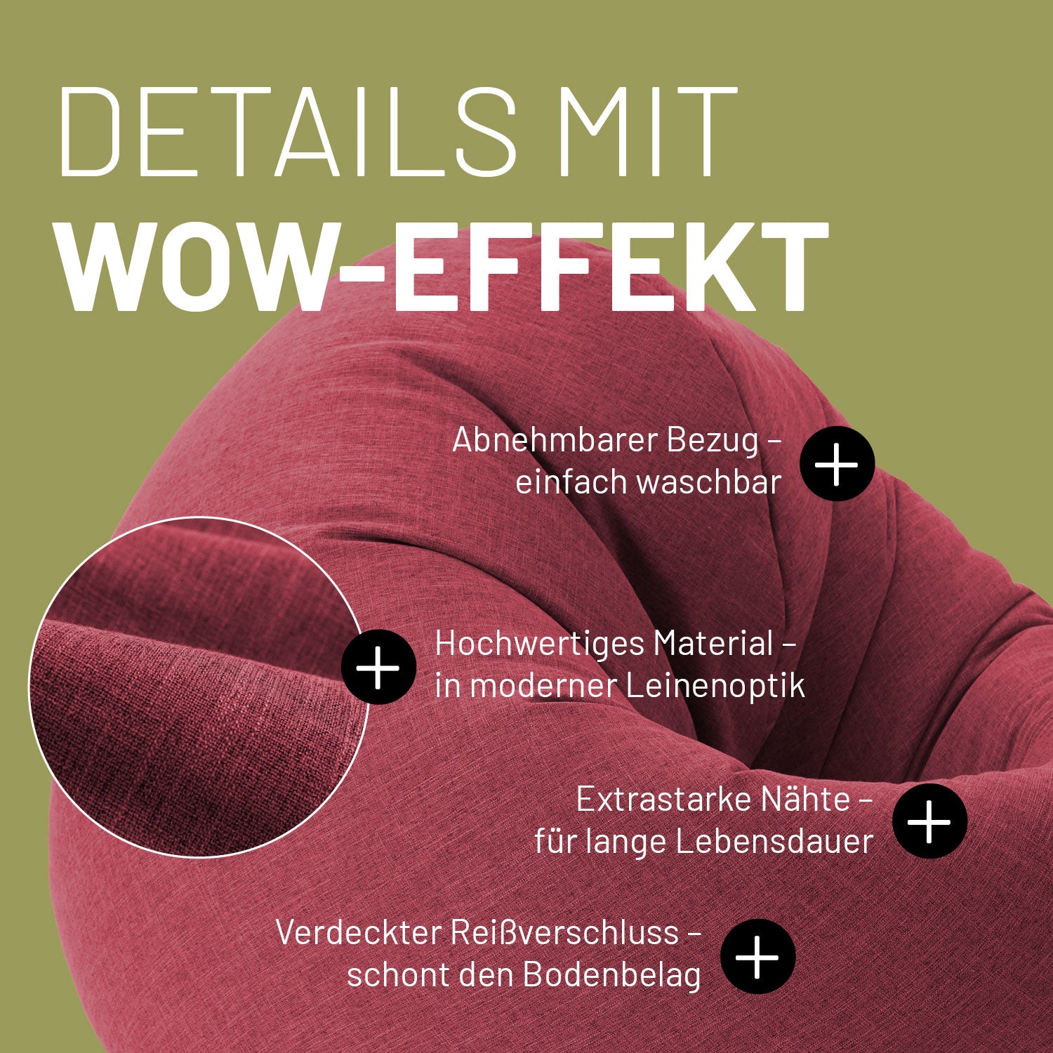 Nahaufnahme des 2in1 Sitzsacks in Rot. "Abnehmbarer Bezug", "Hochwertiges Material in Leinenoptik", "Extrastarke Nähte" und "Verdeckter Reißverschluss".