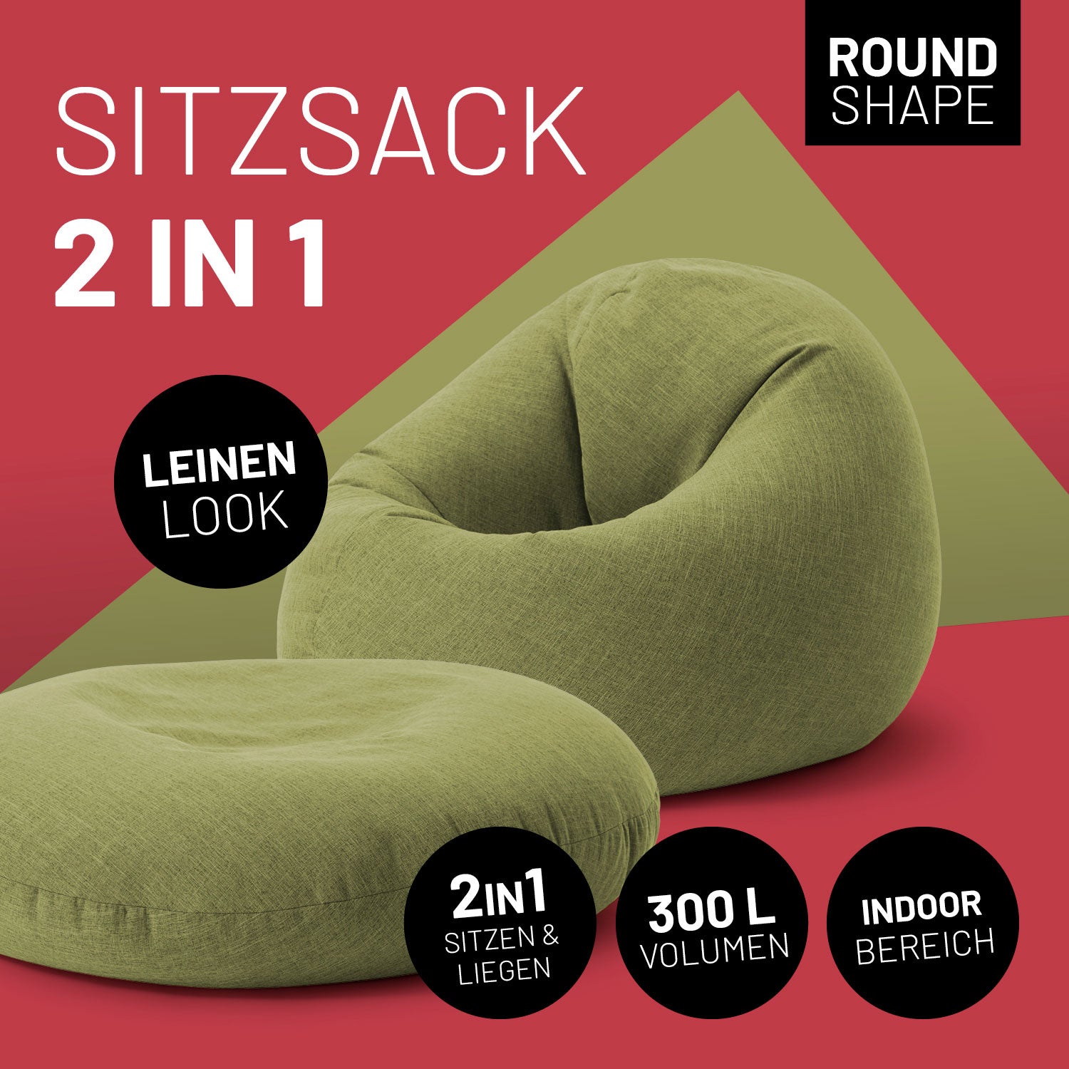 LUMALAND Sitzsack 2 in 1 im Leinenlook in Lime, einer rund zum Sitzen und einer flach zum Liegen. Icons "2in1 Sitzen & Liegen", "300 L Volumen" und "Indoor Bereich".