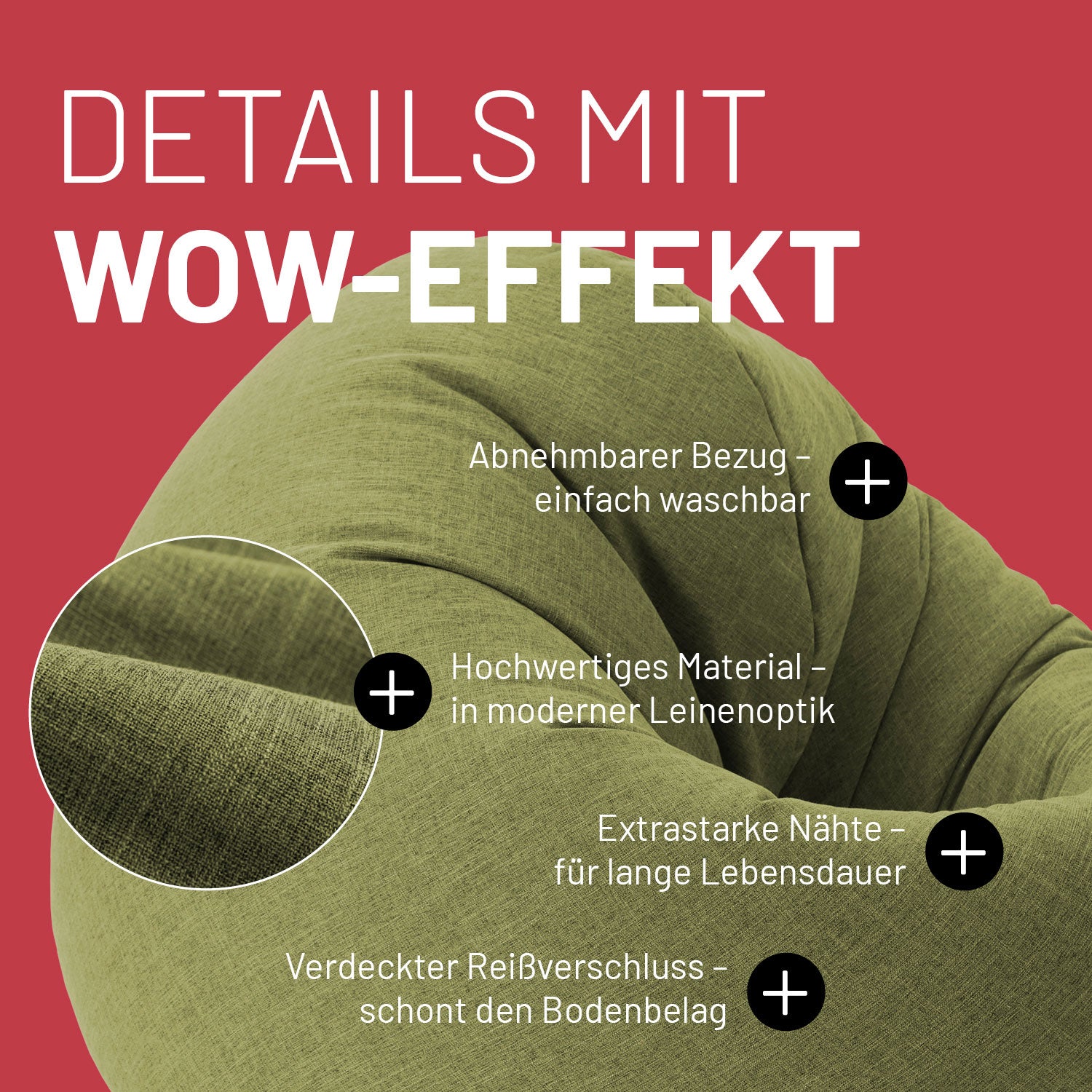 Nahaufnahme des 2in1 Sitzsacks in Limegreen. "Abnehmbarer Bezug", "Hochwertiges Material in Leinenoptik", "Extrastarke Nähte" und "Verdeckter Reißverschluss".