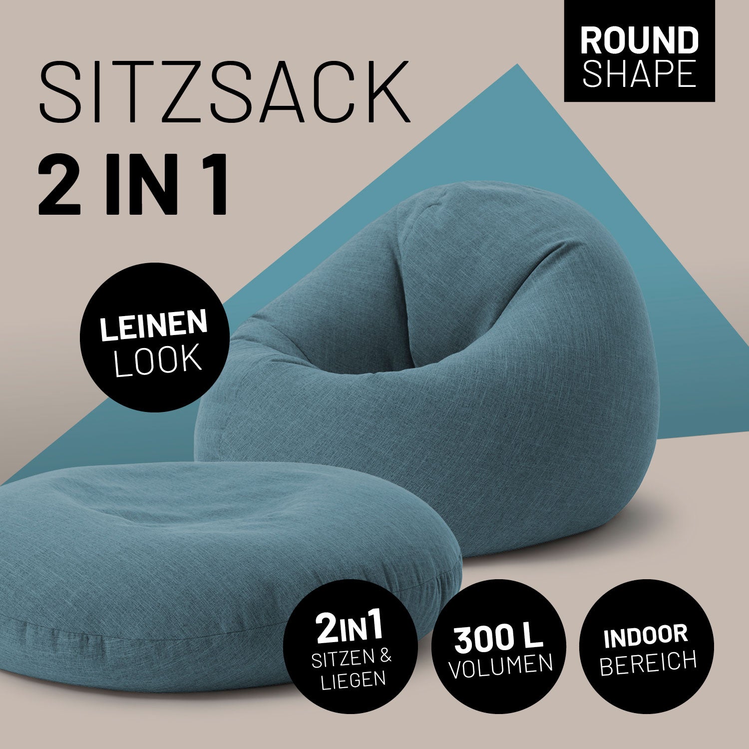 LUMALAND Sitzsack 2 in 1 im Leinenlook in Aquamarin, einer rund zum Sitzen und einer flach zum Liegen. Icons "2in1 Sitzen & Liegen", "300 L Volumen" und "Indoor Bereich".