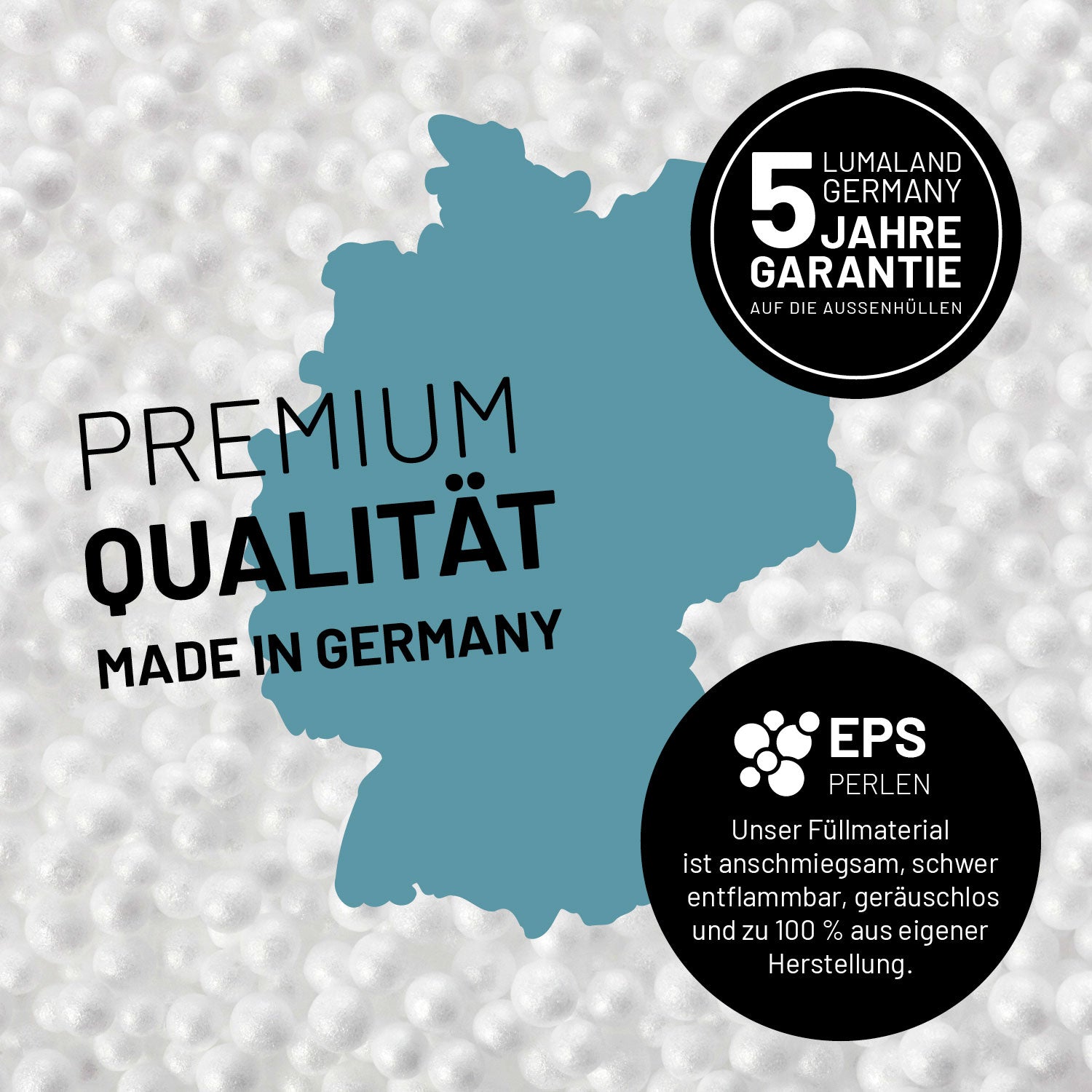 Umrisse der Deutschland-Karte mit Hinweis auf die EPS-Perlen und LUMALAND Germany 5 Jahre Garantie auf die Aussenhülle.