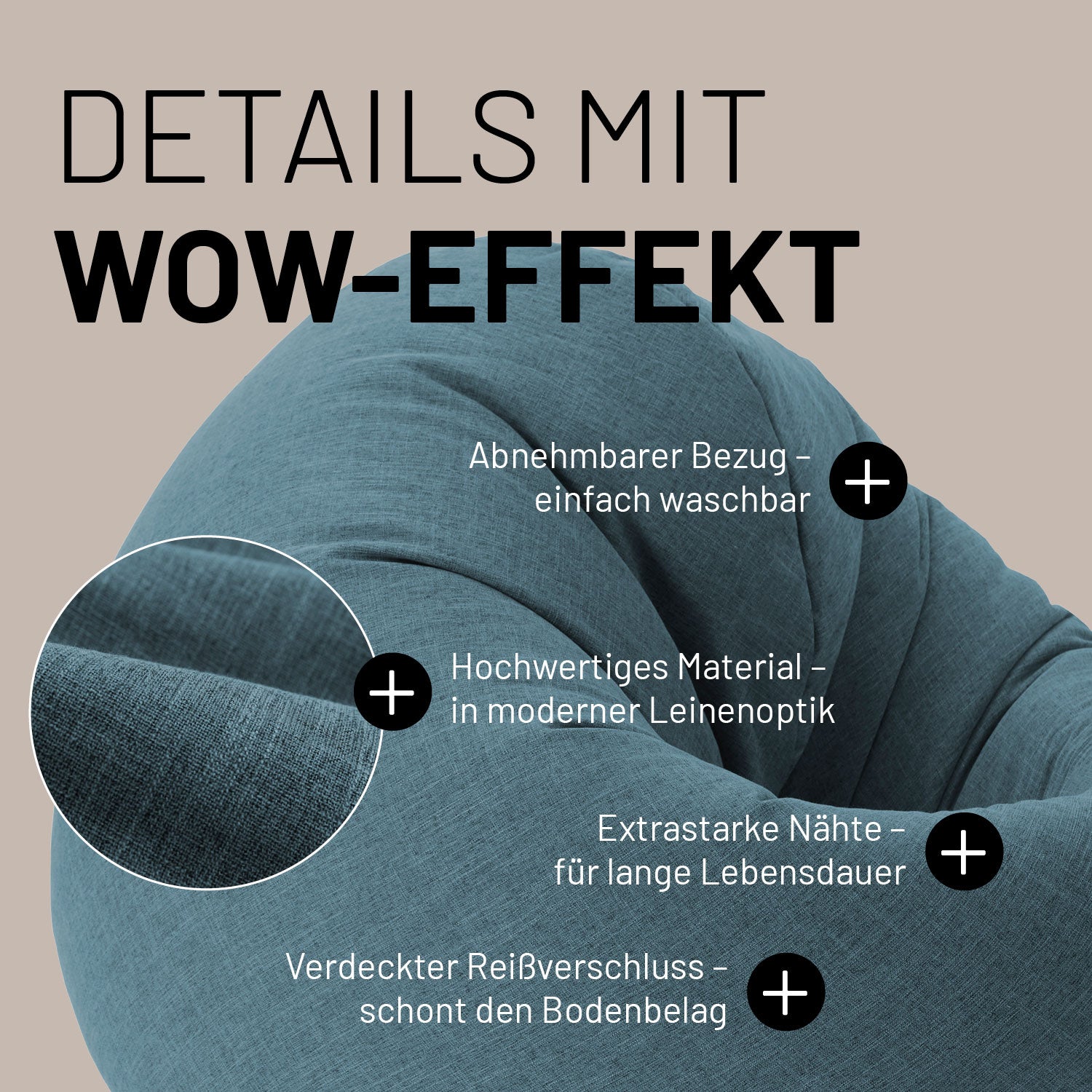 Nahaufnahme des 2in1 Sitzsacks in Aquamarin. "Abnehmbarer Bezug", "Hochwertiges Material in Leinenoptik", "Extrastarke Nähte" und "Verdeckter Reißverschluss".