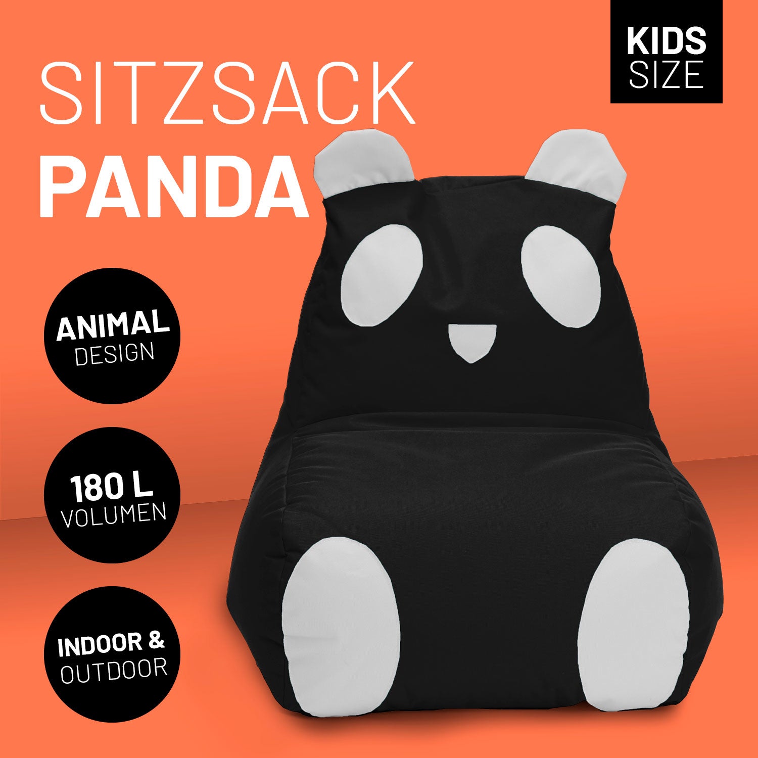 Panda Sitzsack vor orangenem Hintergrund mit Icons "Animal Design", "180 L Volumen" und "Indoor & Outdoor".