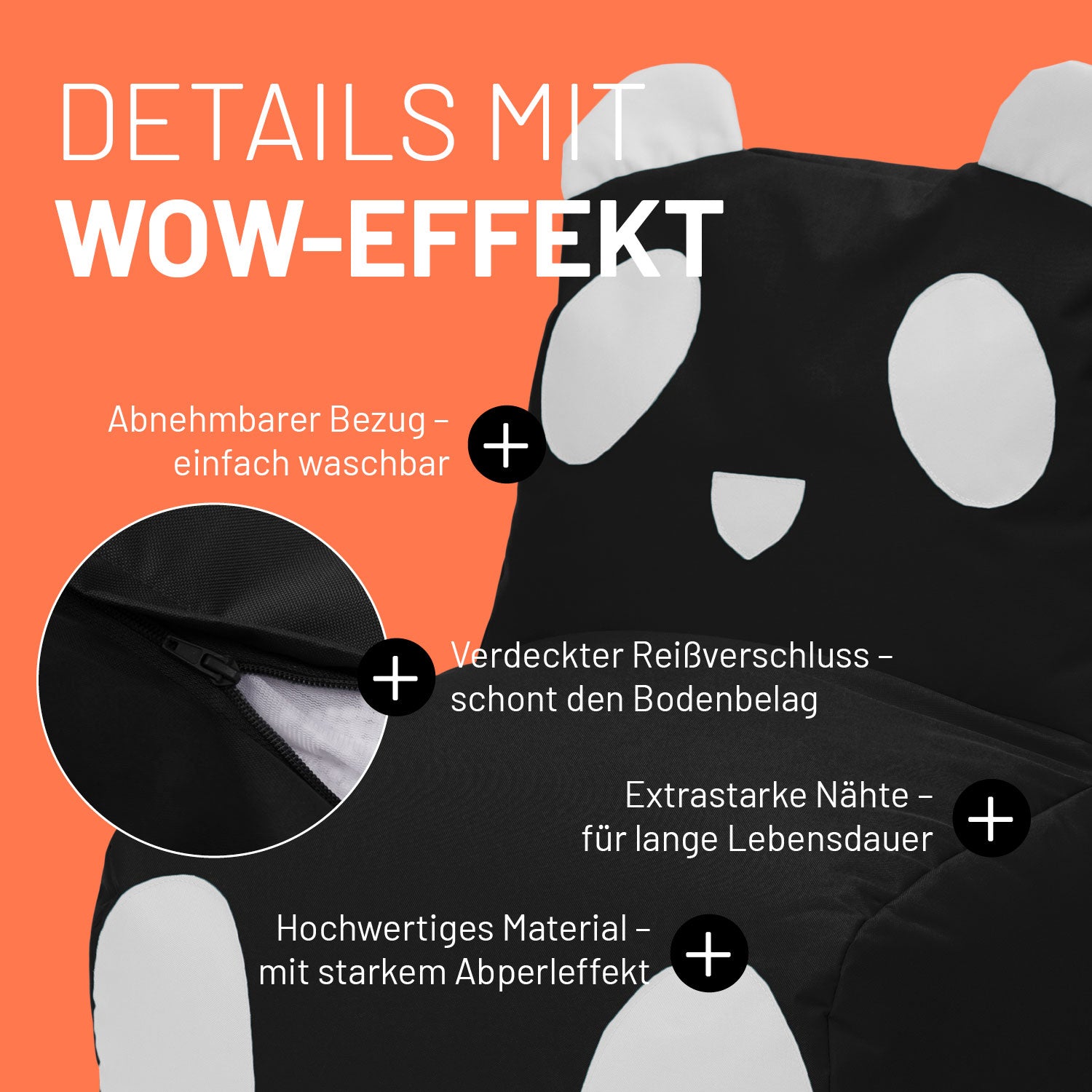 Panda Sitzsack für Kinder im Detail mit Informationen zu "Waschbarer Bezug", "Verdeckter Reißverschluss" und "Extrastarke Nähte".