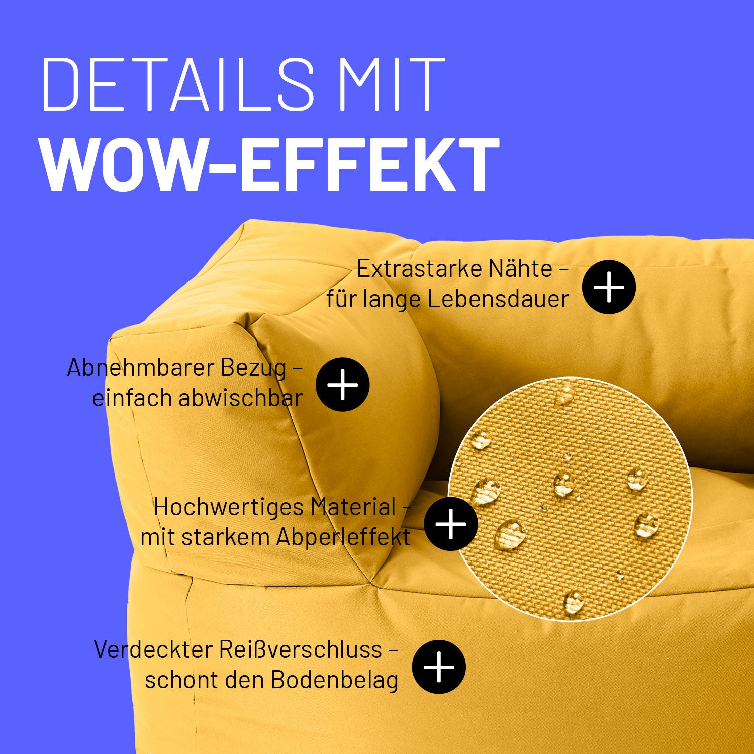 Sessel im Detail mit Informationen zu "Waschbarer Bezug", "Verdeckter Reißverschluss", Abperleffekt" und "Extrastarke Nähte".