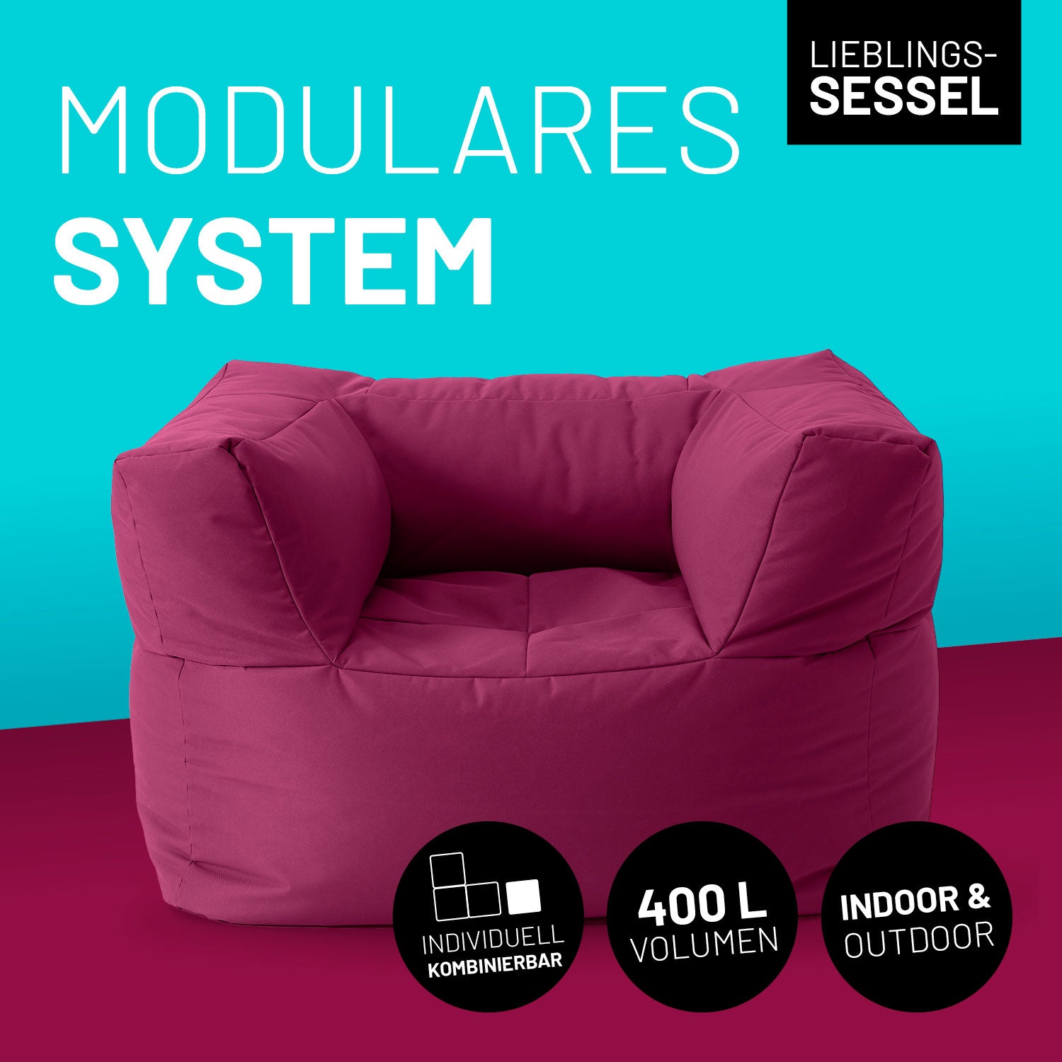 Weinroter Sessel vor Kontrastfarben mit Icons "400 L Volumen", "individuell kombinierbar" und "Indoor & Outdoor"