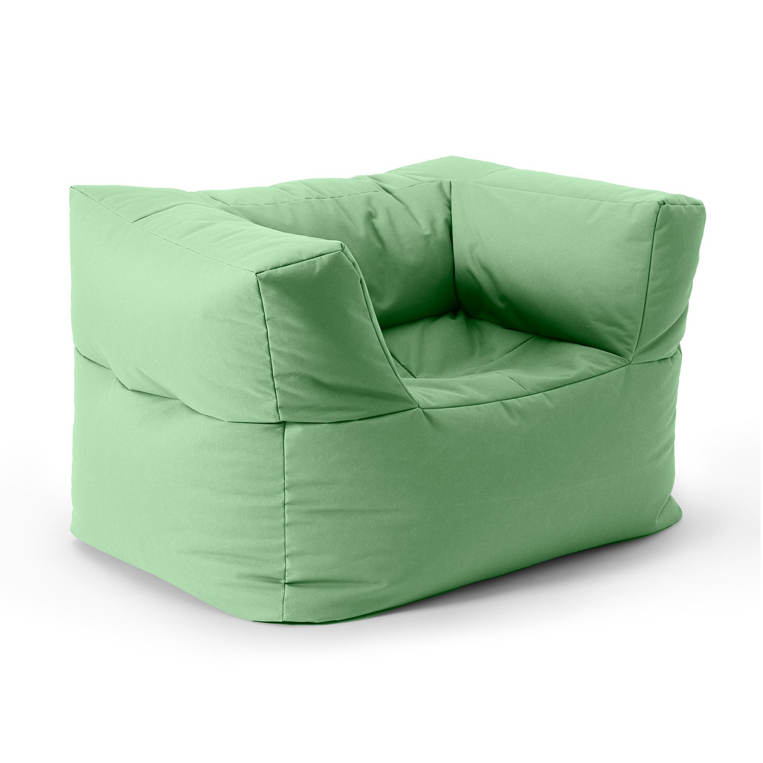 LUMALAND Indoor & Outdoor Sitzsack-Sessel in Pastellgrün aus der Reihe Modulares System vor weißem Hintergrund.