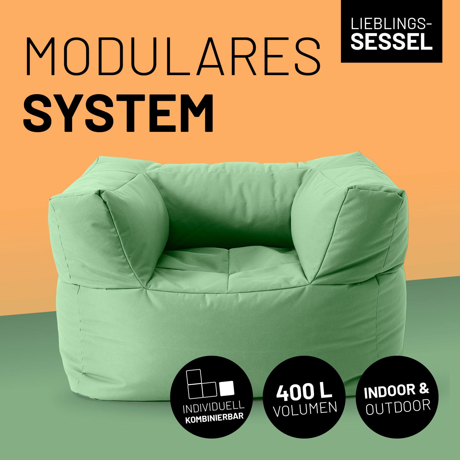 Pastellgrüner Sessel vor Kontrastfarben mit Icons "400 L Volumen", "individuell kombinierbar" und "Indoor & Outdoor"