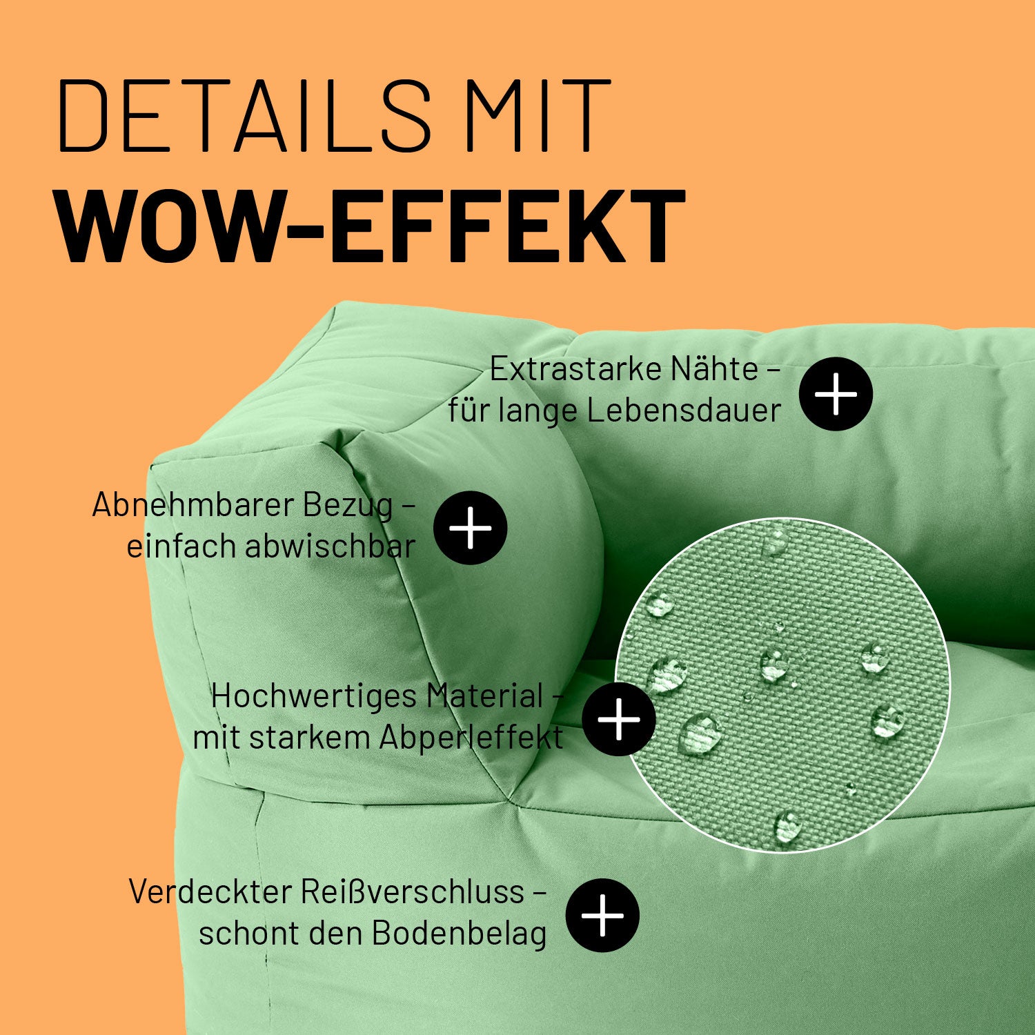 Sessel im Detail mit Informationen zu "Waschbarer Bezug", "Verdeckter Reißverschluss", Abperleffekt" und "Extrastarke Nähte".