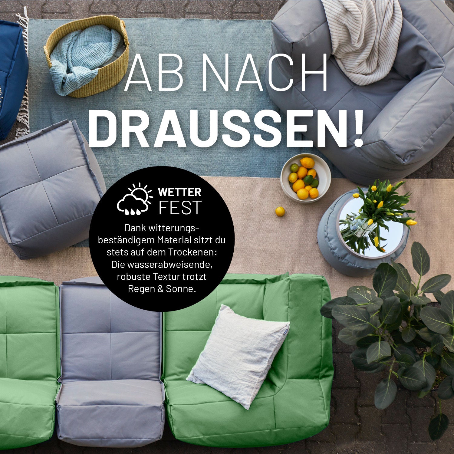 Kombinierte Outdoor Sitzmöbel in Pastellgrün und Grau auf einer Terrasse mit Icon "Wasserabweisend und Witterungsbeständig".