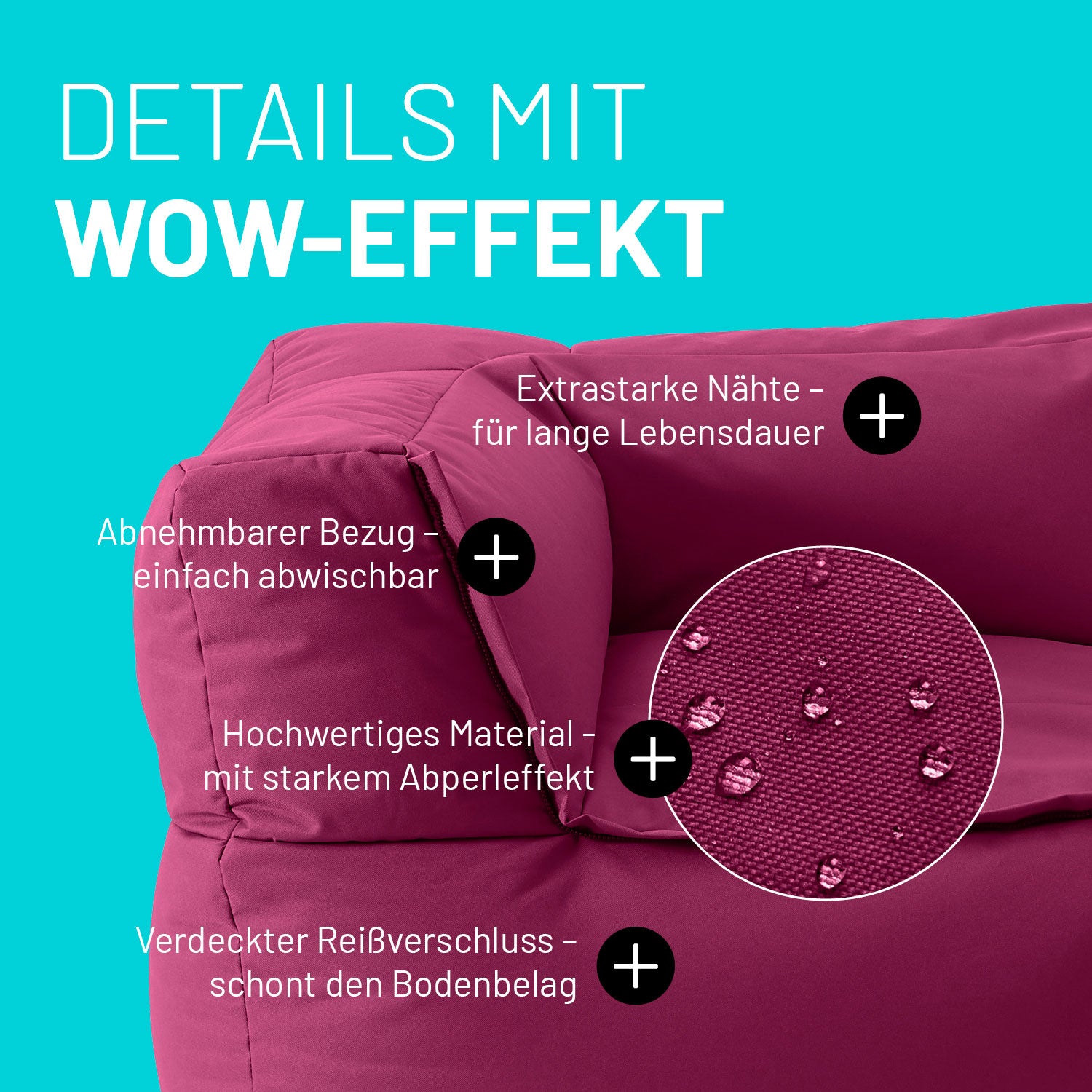 Ecke im Detail mit Informationen zu "Waschbarer Bezug", "Verdeckter Reißverschluss", Abperleffekt" und "Extrastarke Nähte".