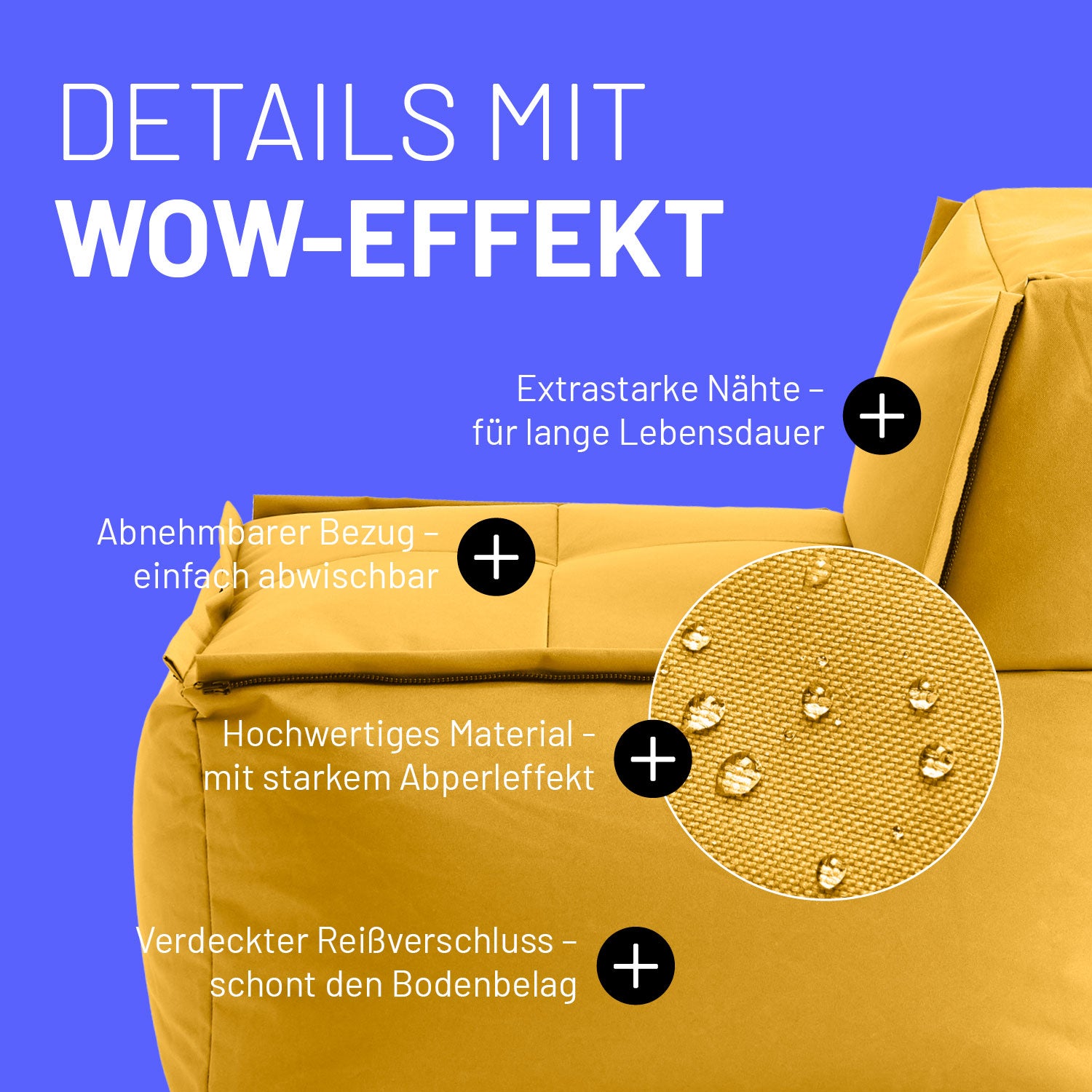 Lounge im Detail mit Informationen zu "Waschbarer Bezug", "Verdeckter Reißverschluss", Abperleffekt" und "Extrastarke Nähte".