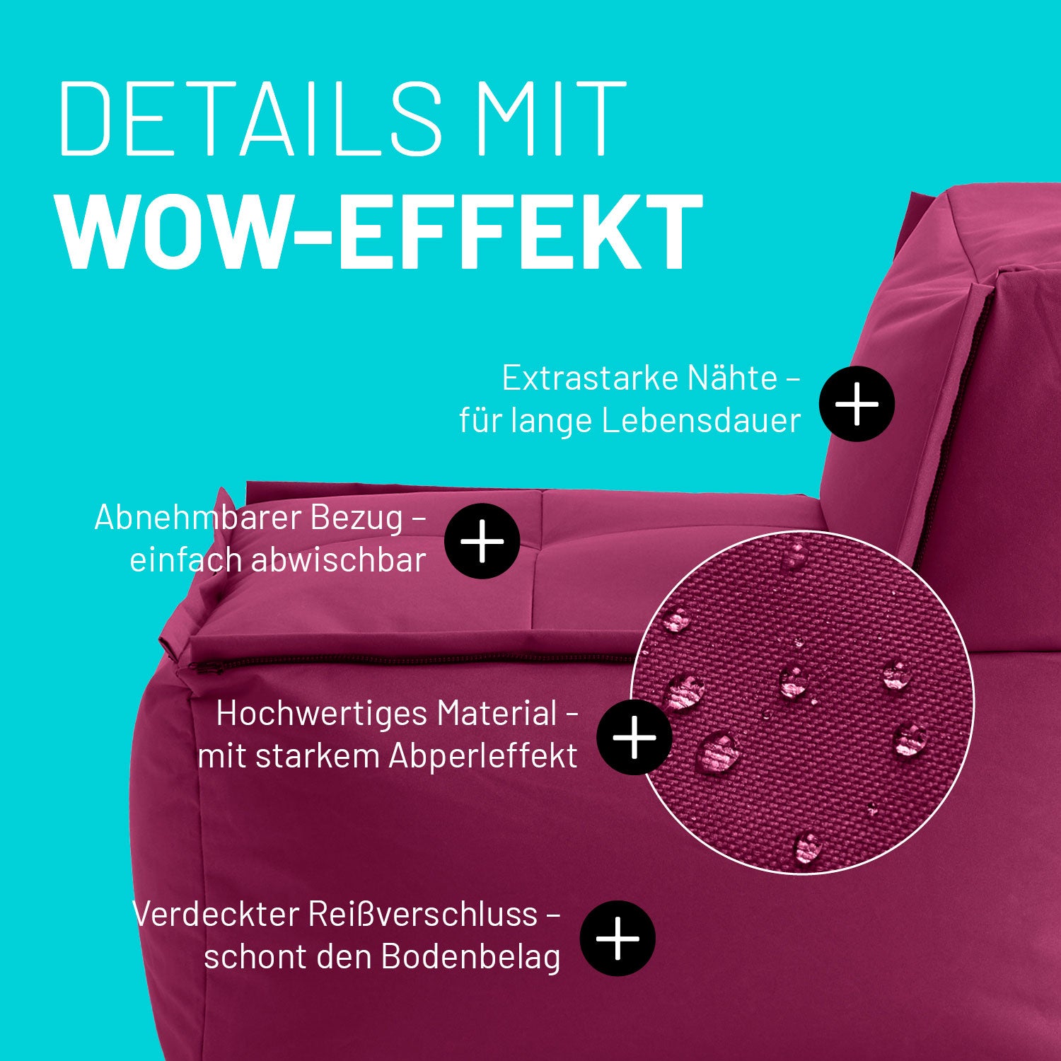 Lounge im Detail mit Informationen zu "Waschbarer Bezug", "Verdeckter Reißverschluss", Abperleffekt" und "Extrastarke Nähte".