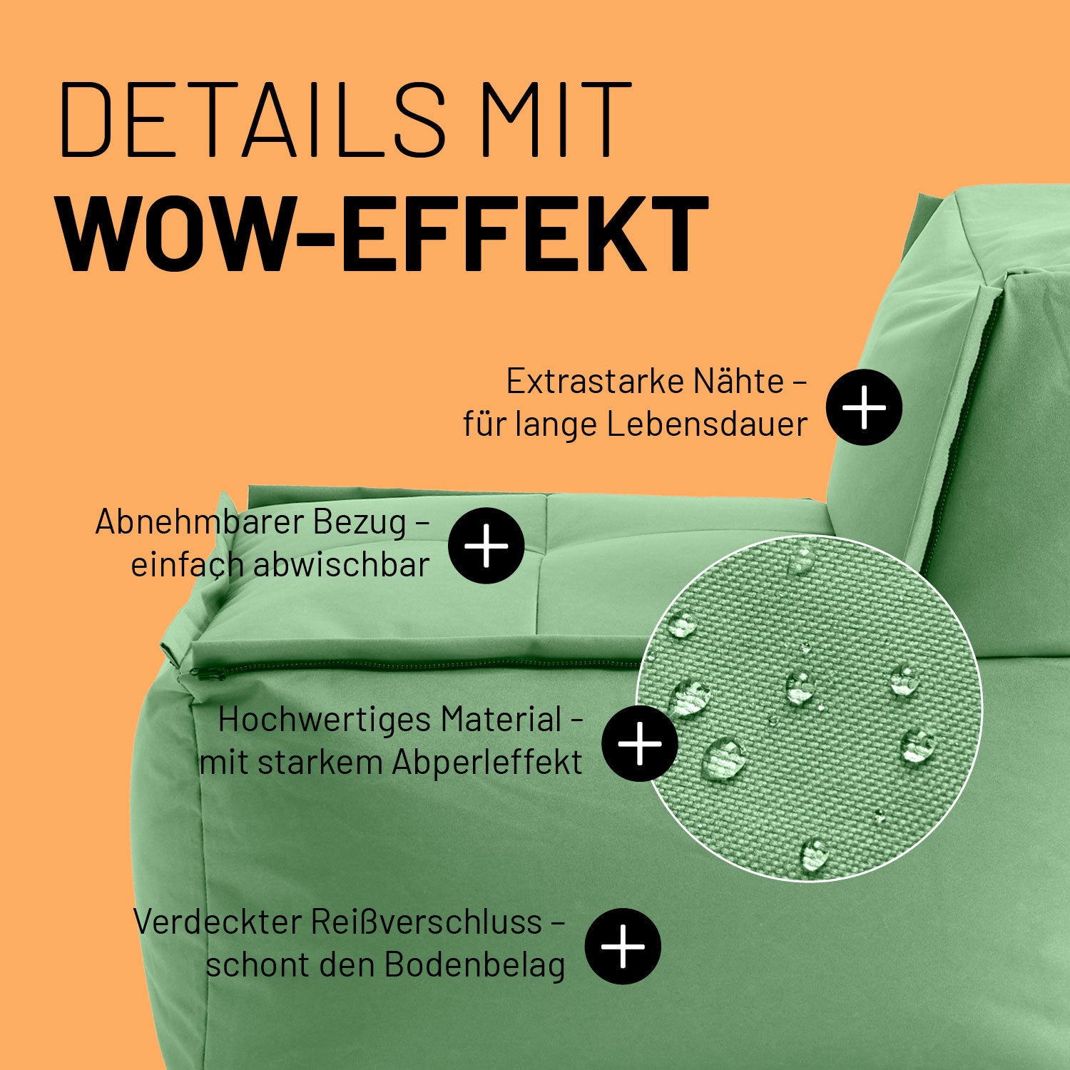 Lounge im Detail mit Informationen zu "Waschbarer Bezug", "Verdeckter Reißverschluss", Abperleffekt" und "Extrastarke Nähte".