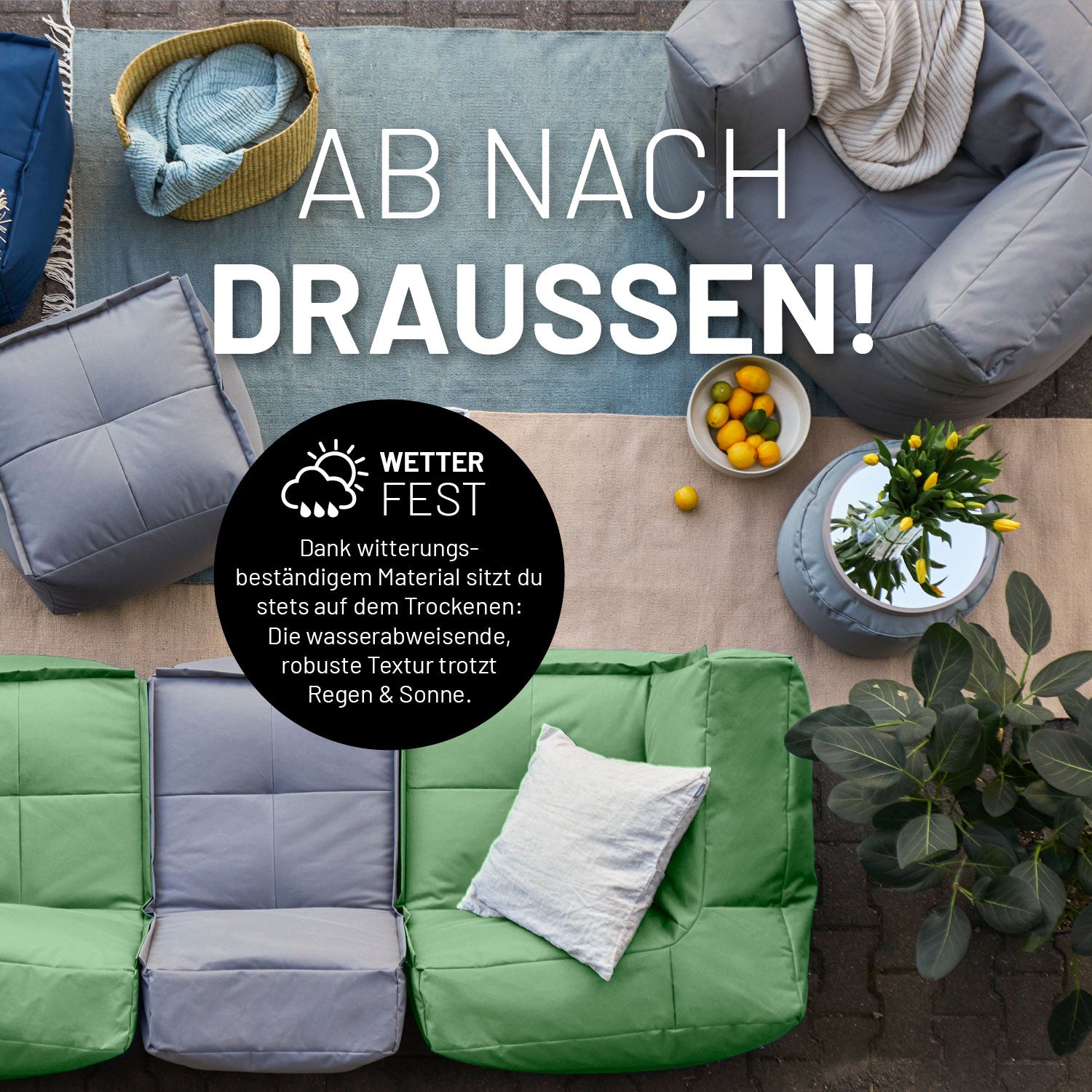 Kombinierte Outdoor Sitzmöbel in Pastellgrün und Grau auf einer Terrasse mit Icon "Wasserabweisend und Witterungsbeständig".