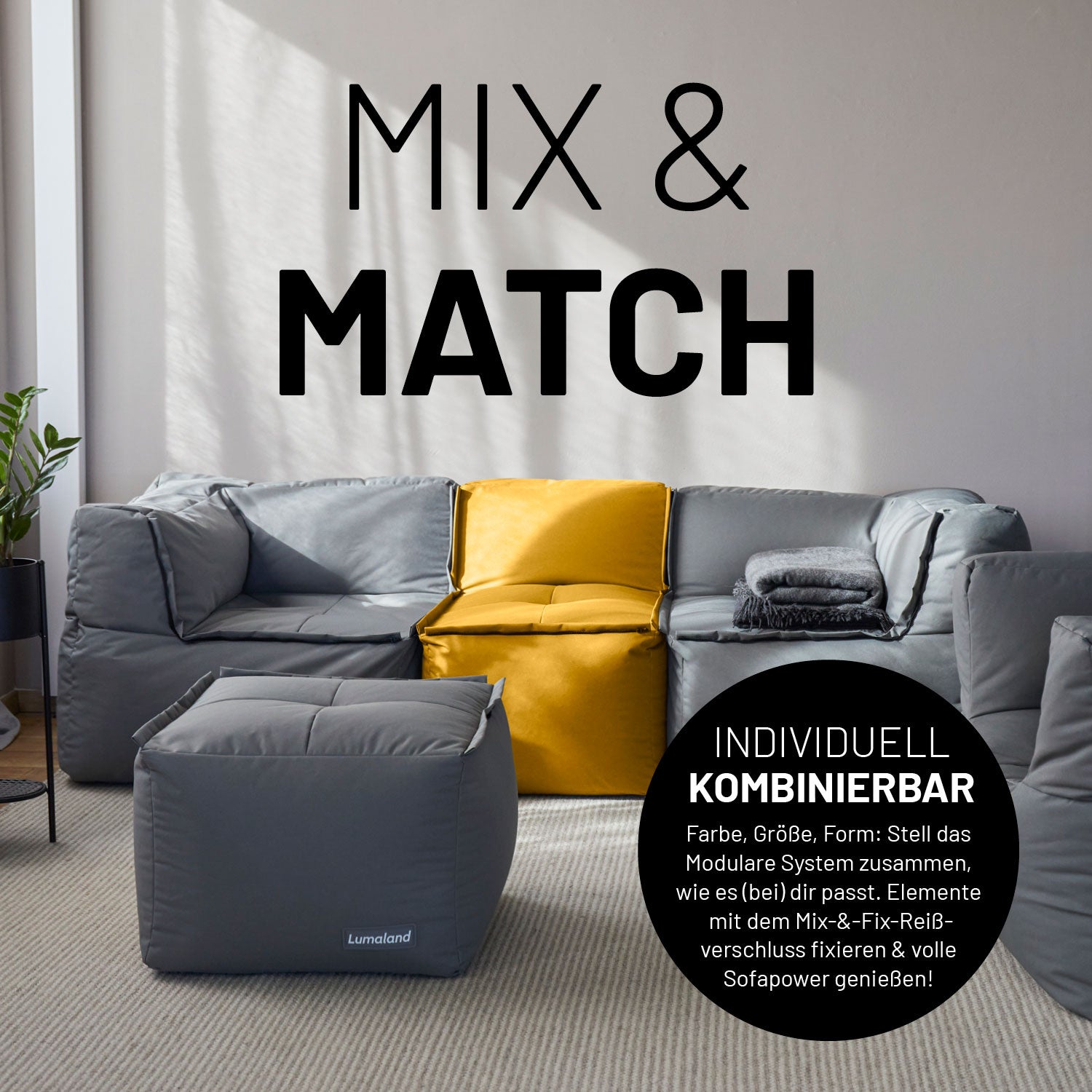 Senfgelbe und Graue Sitzmöbel im Wohnzimmer mit Mix-&-Fix-Reißverschlusses kombinierbar nach Farbe, Größe oder Form.