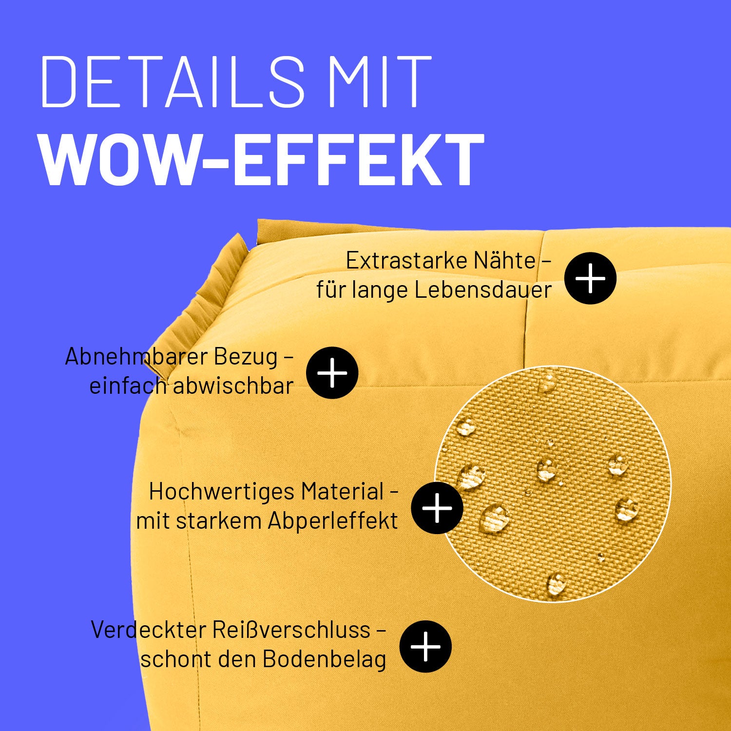 Hocker im Detail mit Informationen zu "Waschbarer Bezug", "Verdeckter Reißverschluss", Abperleffekt" und "Extrastarke Nähte".