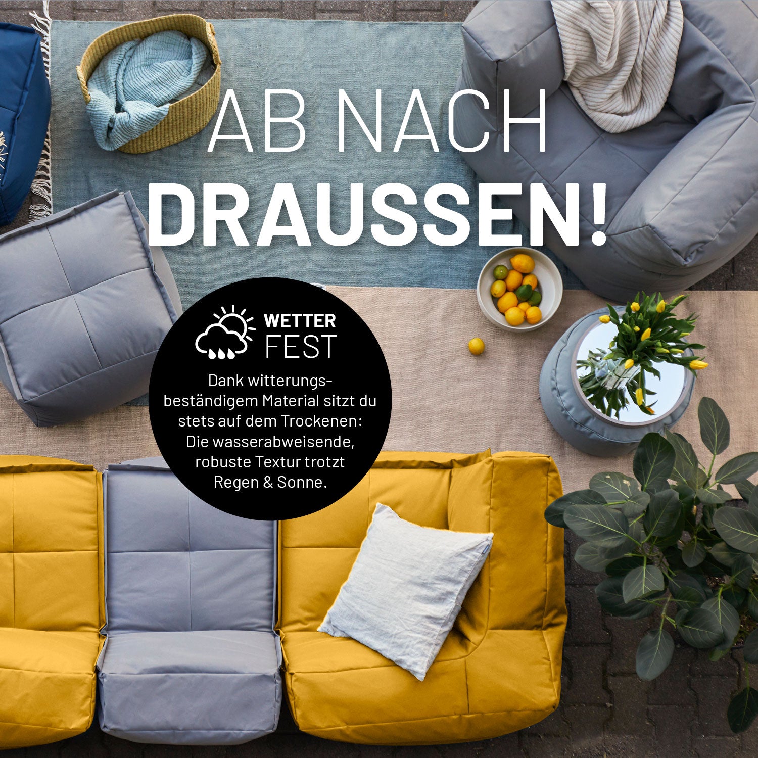 Kombinierte Outdoor Sitzmöbel in Senfgelb und Grau auf einer Terrasse mit Icon "Wasserabweisend und Witterungsbeständig".